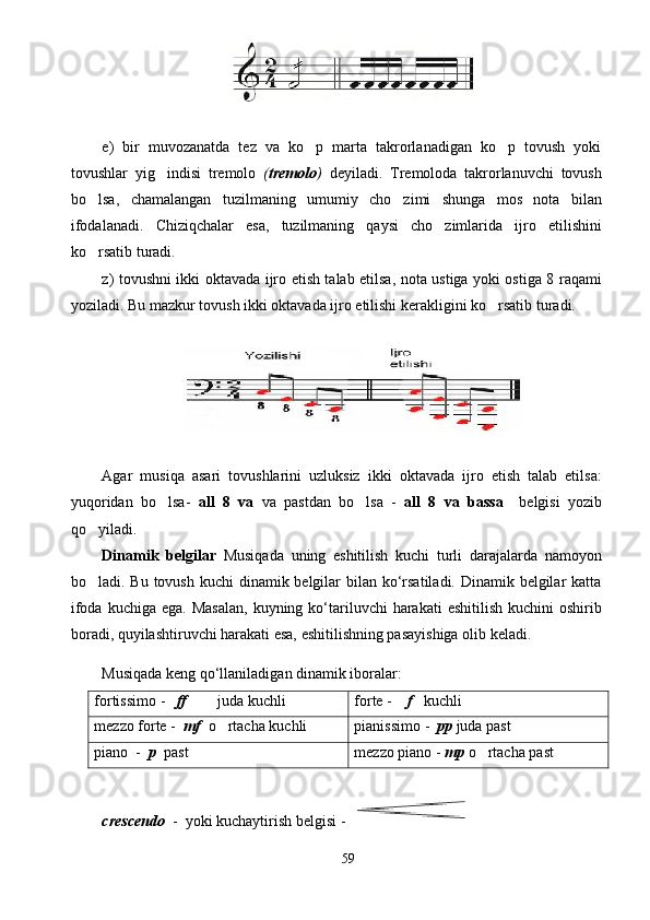 e)   bir   muvozanatda   tez   va   ko p   marta   takrorlanadigan   ko p   tovush   yoki 
tovushlar   yig indisi   tremolo  	
 ( tremolo )   deyiladi.   Tremoloda   takrorlanuvchi   tovush
bo lsa,   chamalangan   tuzilmaning   umumiy   cho zimi   shunga   mos   nota   bilan	
 
ifodalanadi.   Chiziqchalar   esa,   tuzilmaning   qaysi   cho zimlarida   ijro   etilishini	

ko rsatib turadi.	

z) tovushni ikki oktavada ijro etish talab etilsa, nota ustiga yoki ostiga 8 raqami
yoziladi. Bu mazkur tovush ikki oktavada ijro etilishi kerakligini ko rsatib turadi. 	

Agar   musiqa   asari   tovushlarini   uzluksiz   ikki   oktavada   ijro   etish   talab   etilsa:
yuqoridan   bo lsa-  	
 all   8   va   va   pastdan   bo lsa   -  	 all   8   va   bassa     belgisi   yozib
qo yiladi. 	

Dinamik   belgilar   Musiqada   uning   eshitilish   kuchi   turli   darajalarda   namoyon
bo ladi. Bu tovush kuchi  dinamik belgilar bilan ko‘rsatiladi. Dinamik belgilar  katta

ifoda  kuchiga  ega.  Masalan,  kuyning  ko‘tariluvchi   harakati   eshitilish  kuchini   oshirib
boradi, quyilashtiruvchi harakati esa, eshitilishning pasayishiga olib keladi.  
Musiqada keng qo‘llaniladigan dinamik iboralar:
fortissimo  -    ff         juda kuchli forte  -     f    kuchli
mezzo forte -   m f     o rtacha kuchli	
 pianissimo  -   pp  juda past
piano   -   p   past mezzo piano -  mp  o rtacha past	

crescendo   -  yoki kuchaytirish belgisi  -  
59 