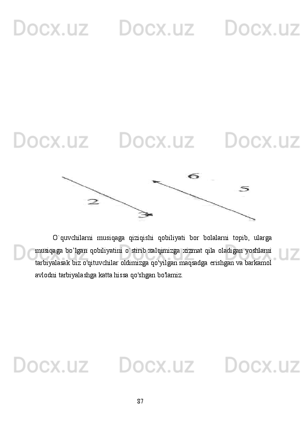 O`quvchilarni   musiqaga   qiziqishi   qobiliyati   bor   bolalarni   topib,   ularga
musiqaga  b o’ lgan  qobiliyat i ni   о`stirib  xalqimizga  xizmat  qila  oladigan   yoshlarni
tarbiyalasak biz o'qituvchilar oldimizga qo'yilgan maqsadga erishgan va barkamol
avlodni tarbiyalashga katta hissa qo'shgan   bo'lamiz.
87 