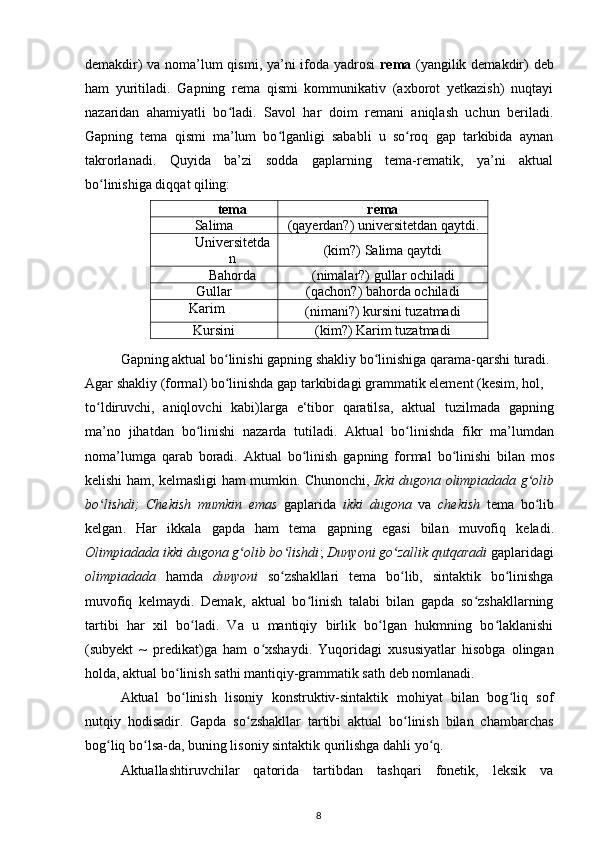 demakdir) va noma’lum qismi, ya’ni ifoda yadrosi   rema   (yangilik demakdir) deb
ham   yuritiladi.   Gapning   rema   qismi   kommunikativ   (axborot   yetkazish)   nuqtayi
nazaridan   ahamiyatli   bo ladi.   Savol   har   doim   remani   aniqlash   uchun   beriladi.ʻ
Gapning   tema   qismi   ma’lum   bo lganligi   sababli   u   so roq   gap   tarkibida   aynan	
ʻ ʻ
takrorlanadi.   Quyida   ba’zi   sodda   gaplarning   tema-rematik,   ya’ni   aktual
bo linishiga diqqat qiling:	
ʻ
tema rema
Salima (qayerdan?) universitetdan qaytdi .
Universitetda
n (kim?) Salima qaytdi
Bahorda (nimalar?) gullar ochiladi
Gullar (qachon?) bahorda ochiladi
Karim
(nimani?) kursini tuzatmadi
Kursini (kim?) Karim tuzatmadi
Gapning   aktual   bo ʻ linishi   gapning   shakliy   bo ʻ linishiga   qarama - qarshi   turadi .
Agar   shakliy  ( formal )  bo ʻ linishda   gap   tarkibidagi   grammatik   element  ( kesim ,  hol ,
to ʻ ldiruvchi ,   aniqlovchi   kabi ) larga   e ‘ tibor   qaratilsa ,   aktual   tuzilmada   gapning
ma ’ no   jihatdan   bo ʻ linishi   nazarda   tutiladi .   Aktual   bo ʻ linishda   fikr   ma ’ lumdan
noma ’ lumga   qarab   boradi .   Aktual   bo ʻ linish   gapning   formal   bo ʻ linishi   bilan   mos
kelishi   ham ,   kelmasligi   ham   mumkin .   Chunonchi ,   Ikki   dugona   olimpiadada   g ʻ olib
bo ʻ lishdi ;   Chekish   mumkin   emas   gaplarida   ikki   dugona   va   chekish   tema   bo ʻ lib
kelgan .   Har   ikkala   gapda   ham   tema   gapning   egasi   bilan   muvofiq   keladi .
Olimpiadada ikki dugona g olib bo lishdi	
ʻ ʻ ;  Dunyoni go zallik qutqaradi 	ʻ gaplaridagi
olimpiadada   hamda   dunyoni   so zshakllari   tema   bo lib,   sintaktik   bo linishga	
ʻ ʻ ʻ
muvofiq   kelmaydi.   Demak,   aktual   bo linish   talabi   bilan   gapda   so zshakllarning	
ʻ ʻ
tartibi   har   xil   bo ladi.   Va   u   mantiqiy   birlik   bo lgan   hukmning   bo laklanishi	
ʻ ʻ ʻ
(subyekt   ~   predikat)ga   ham   o xshaydi.   Yuqoridagi   xususiyatlar   hisobga   olingan	
ʻ
holda, aktual bo linish sathi mantiqiy-grammatik sath deb nomlanadi.	
ʻ
Aktual   bo linish   lisoniy   konstruktiv-sintaktik   mohiyat   bilan   bog liq   sof
ʻ ʻ
nutqiy   hodisadir.   Gapda   so zshakllar   tartibi   aktual   bo linish   bilan   chambarchas	
ʻ ʻ
bog liq bo lsa-da, buning lisoniy sintaktik qurilishga dahli yo q.	
ʻ ʻ ʻ
Aktuallashtiruvchilar   qatorida   tartibdan   tashqari   fonetik,   leksik   va
8 