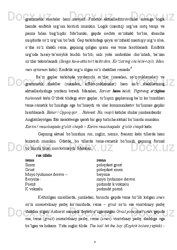 grammatik   vositalar   ham   mavjud.   Fonetik   aktuallashtiruvchilar   sirasiga   logik
hamda   emfatik   urg uni   kiritish   mumkin.   Logik   (mantiq)   urg usi   nutq   tempi   vaʻ ʻ
pauza   bilan   bog liqdir.   Ma’lumki,   gapda   nechta   so zshakl   bo lsa,   shuncha
ʻ ʻ ʻ
miqdorda so z urg usi bo ladi. Gap tarkibidagi qaysi so zshakl mantiqiy urg u olsa,	
ʻ ʻ ʻ ʻ ʻ
o sha   so z   shakli   rema,   gapning   qolgan   qismi   esa   tema   hisoblanadi.   Emfatik	
ʻ ʻ
urg uda   hissiy-ta’siriylik   kuchli   bo lib,   unli   yoki   undoshlar   cho ziladi,   ba’zan	
ʻ ʻ ʻ
so zlar takrorlanadi 
ʻ (Senga ka-a-atta tort keltirdim; Ko zlaring chchchi-royli; Men,	ʻ
men aytaman  kabi). Emfatik urg u olgan so z shakllari remadir	
ʻ ʻ 4
.
Ba’zi   gaplar   tarkibida   yordamchi   so zlar   (masalan,   so z-yuklamalar)   va	
ʻ ʻ
grammatik   shakllar   (masalan,   affiks-yuklamalar)   ham   so z   shakllarining	
ʻ
aktuallashishiga   yordam   beradi.   Masalan,   Sarvar   ham   keldi;   Yigitning   o zi	
ʻ gina
tushunadi   kabi.O zbek tilidagi   atov gaplar,  to liqsiz  gaplarning ba’zi   ko rinishlari	
ʻ ʻ ʻ
tema-rematik   bo linishga   ega   bo lmaydi   va   ular   kommunikativ   bo linmas   gaplar
ʻ ʻ ʻ
hisoblanadi.  Bahor! Oppoq qor… Rahmat. Ha, mayli  kabilar shular jumlasidandir.
Anglatilayotgan fikr xarakteriga qarab bir gap turlicha aktual bo linishi mumkin:	
ʻ
Karim / musobaqada g olib chiqdi – Karim musobaqada 	
ʻ   g olib chiqdi 	ʻ kabi.
Gapning   aktual   bo linishini   rus,   ingliz,   nemis,   fransuz   kabi   tillarda   ham	
ʻ
kuzatish   mumkin.   Odatda,   bu   tillarda   tema-rematik   bo linish   gapning   formal	
ʻ
bo linishi bilan mos kelmaydi. Masalan	
ʻ :
rus tilida
tema rema
Smex pobejdaet grust.
Grust pobejdaet smex.
Moyo lyubimoe derevo – beryoza.
Beryoza- moyo lyubimoe derevo.
Poezd podxodit k vokzalu.
K vokzalu podxodit poezd.
Keltirilgan   misollarda ,   jumladan ,   birinchi   gapda   tema   bo ʻ lib   kelgan   smex
so ʻ zi   imeneteln ы y   padej   ko ʻ rinishida ,   rema   –   grust   so ʻ zi   esa   viniteln ы y   padej
shaklini   olgan .  Axborot   maqsadi   deyarli   o ʻ zgarmagan   Grust   pobejdaet   smex   gapida
esa ,   tema   ( grust )   imeniteln ы y   padej ,   rema   ( smex )   viniteln ы y   padej   shakliga   ega
bo ʻ lgan   va   hokazo .  Yoki ingliz tilida:  The ball hit the boy (Koptok bolani yiqitdi) -
9 