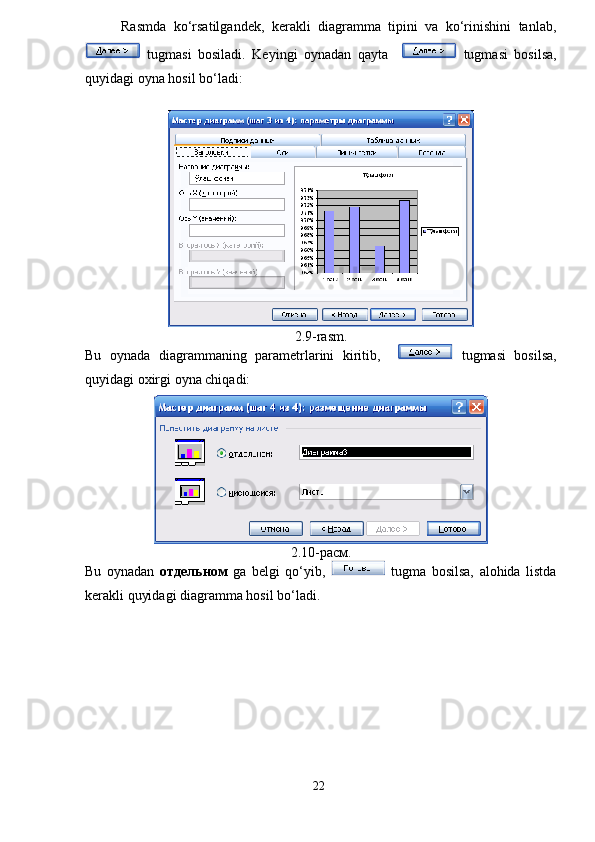 Rasmda   ko‘rsatilgandek,   kerakli   diagramma   tipini   va   ko‘rinishini   tanlab,
  tugmasi   bosiladi.   Keyingi   oynadan   qayta       tugmasi   bosilsa,
quyidagi oyna hosil bo‘ladi:
2.9-rasm.
Bu   oynada   diagrammaning   parametrlarini   kiritib,       tugmasi   bosilsa,
quyidagi oxirgi oyna chiqadi:
2.10-расм.
Bu   oynadan   отдельном   ga   belgi   qo‘yib ,     tugma   bosilsa,   alohida   listda
kerakli quyidagi diagramma hosil bo‘ladi. 
22 