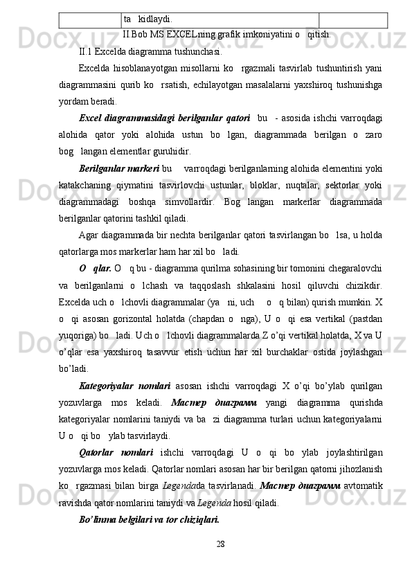 ta kidlaydi. 
II.Bob MS EXCELning grafik imkoniyatini o qitish.	

II.1  Excelda diagramma  tushunchasi .
Excelda   hisoblanayotgan   misollarni   ko rgazmali   tasvirlab   tushuntirish   yani	

diagrammasini   qurib   ko rsatish,   echilayotgan   masalalarni   yaxshiroq   tushunishga	

yordam beradi.
Excel   diagrammasidagi   berilganlar   qatori     bu     -   asosida   ishchi   varroqdagi
alohida   qator   yoki   alohida   ustun   bo lgan,   diagrammada   berilgan   o zaro	
 
bog langan elementlar guruhidir. 	

Berilganlar markeri  bu   varroqdagi berilganlarning alohida elementini yoki	

katakchaning   qiymatini   tasvirlovchi   ustunlar,   bloklar,   nuqtalar,   sektorlar   yoki
diagrammadagi   boshqa   simvollardir.   Bog langan   markerlar   diagrammada	

berilganlar qatorini tashkil qiladi. 
Agar diagrammada bir nechta berilganlar qatori tasvirlangan bo lsa, u holda	

qatorlarga mos markerlar ham har xil bo ladi. 	

O qlar. 	
 O q bu - diagramma qurilma sohasining bir tomonini chegaralovchi	
va   berilganlarni   o lchash   va   taqqoslash   shkalasini   hosil   qiluvchi   chizikdir.	

Excelda uch o lchovli diagrammalar (ya ni, uch   o q bilan) qurish mumkin. X	
   
o qi   asosan   gorizontal   holatda   (chapdan   o nga),   U   o qi   esa   vertikal   (pastdan	
  
yuqoriga) bo ladi. Uch o lchovli diagrammalarda Z o’qi vertikal holatda, X va U	
 
o’qlar   esa   yaxshiroq   tasavvur   etish   uchun   har   xil   burchaklar   ostida   joylashgan
bo’ladi. 
Kategoriyalar   nomlari   asosan   ishchi   varroqdagi   X   o’qi   bo’ylab   qurilgan
yozuvlarga   mos   keladi.   Мастер   диаграмм   yangi   diagramma   qurishda
kategoriyalar nomlarini taniydi va ba zi diagramma turlari uchun kategoriyalarni	

U o qi bo ylab tasvirlaydi. 	
 
Qatorlar   nomlari   ishchi   varroqdagi   U   o qi   bo ylab   joylashtirilgan	
 
yozuvlarga mos keladi. Qatorlar nomlari asosan har bir berilgan qatorni jihozlanish
ko rgazmasi   bilan   birga  	
 Legenda da   tasvirlanadi.   Мастер   диаграмм   avtomatik
ravishda qator nomlarini taniydi va  Legenda  hosil qiladi. 
B o’ linma belgilari va tor chizi q lari.
28 