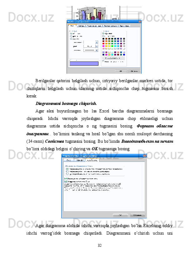 Berilganlar  qatorini  belgilash  uchun,  ixtiyoriy  berilgan lar   markeri  ustida ,   tor
chizi q larni   belgilash   uchun   ularning   us ti da   sichqoncha   chap   tugmasini   bosi sh
kerak . 
Diagrammani bosmaga chiqarish.
Agar   aksi   buyurilmagan   bo lsa   Excel   barcha   diagrammalarni   bosmaga
chiqaradi.   Ishchi   varroqda   joylashgan   diagramma   chop   etilmasligi   uchun
diagramma   ustida   sichqoncha   o ng   tugmasini   bosing.  
 Формат   областе
диаграммы ...   bo’limini   tanlang   va   hosil   bo’lgan   shu   nomli   muloqot   darchaning
(34-rasm)  Свойства   tugmasini bosing. Bu bo’limda  Выводитобъект на печат
bo’limi oldidagi belgini o’chiring va  OK  tugmasiga bosing. 
Agar   diagramma  alohida   ishchi   varroqda   joylashgan   bo’lsa   Excelning   oddiy
ishchi   varrog’idek   bosmaga   chiqariladi.   Diagrammani   o’chirish   uchun   uni
32 