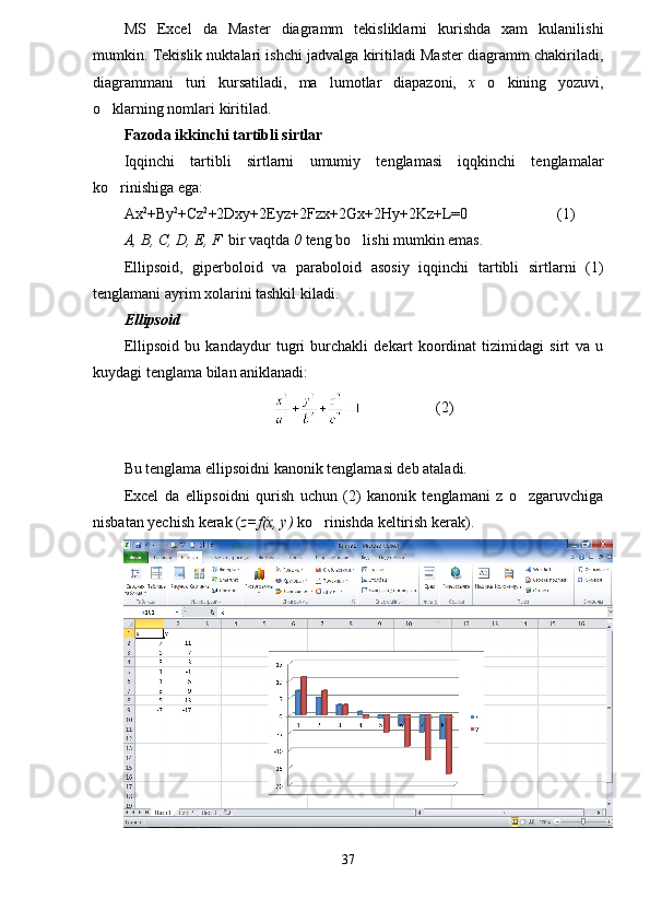 MS   Excel   da   Master   diagramm   tekisliklarni   kurishda   xam   kulanilishi
mumkin. Tekislik nuktalari ishchi jadvalga kiritiladi Master diagramm chakiriladi,
diagrammani   turi   kursatiladi,   ma lumotlar   diapazoni,   x   o kining   yozuvi,	
o klarning nomlari kiritilad.	

Fazoda ikkinchi tartibli sirtlar
Iqqinchi   tartibli   sirtlarni   umumiy   tenglamasi   iqqkinchi   tenglamalar
ko rinishiga ega:

Ax 2
+By 2
+Cz 2
+2Dxy+2Eyz+2Fzx+2Gx+2Hy+2Kz+L=0 (1)
A, B, C, D, E, F   bir vaqtda  0  teng bo lishi mumkin emas.	

Ellipsoid,   giperboloid   va   paraboloid   asosiy   iqqinchi   tartibli   sirtlarni   (1)
tenglamani ayrim xolarini tashkil kiladi. 
Ellipsoid
Ellipsoid   bu   kandaydur   tugri   burchakli   dekart   koordinat   tizimidagi   sirt   va   u
kuydagi tenglama bilan aniklanadi:
(2)
Bu tenglama ellipsoidni kanonik tenglamasi deb ataladi.
Excel   da   ellipsoidni   qurish   uchun   (2)   kanonik   tenglamani   z   o zgaruvchiga	

nisbatan yechish kerak ( z=f(x, y)  ko rinishda keltirish kerak	
 ).
37 