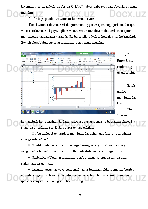 takomillashtirish   jadvali   tartibi   va   CHART     styls   galereyasidan   foydalanishingiz
mumkin.
Grafikdagi qatorlar va ustunlar kommutatsiyasi.
 Excel ustun sarlavhalarini diagrammaning pastki qismidagi garizantal o`qini 
va satr sarlavhalarini paydo qiladi va avtomatik ravishda mobil tanlashda qator 
ma`lumotlar jadvallarini yaratadi. Siz bu grafik jadvaliga kontek-stual ko`rinishida 
Switch Row/Ustun buyuruq tugmasini bosishingiz mumkin.
1-7 
Rasm;Ustun 
satrlarning 
ustun grafigi.
Grafa 
grafiki 
ma lumotlar 
taxriri.
Chart 
Toolsni 
kontekstuali ko runishida tanlang va Data buyruq tugmasini bossangiz Excel 1-7 	

shakilga o xshash Edit Data Source oynasi ochiladi.	

Ushbu muloqot oynasidagi ma lumotlar uchun quydagi o zgarishlani 	
 
amalga oshirish uchun ;
 Girafik malumotlar matin qutisiga bosing va keyin  ish saxifasiga yozib 
yangi dastur tanlash orqali ma lumotlar jadvalida grafikni o zgartiring .	
 
 Switch Row/Column tugmasini bosib oldinga va orqaga satr va ustun 
sarlavhalarini qo ying,	

 Lengind yozuvlari yoki gorizontal teglar tomoniga Edit tugmasini bosib , 
ish sahifasiga tegishli satr yoki ustun sarlavha tanlab oling yoki ma lumotlar 	

qatorini aniqlash uchun teglarni taxrir qiling.
39 