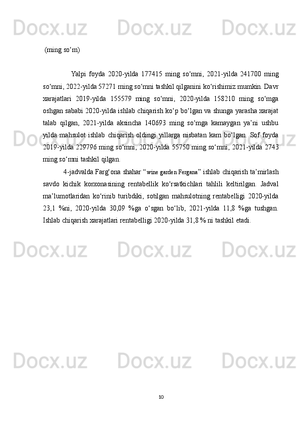  (ming so‘m)
                    Yalpi   foyda   2020 - yilda   177415   ming   so‘mni,   2021 - yilda   241700   ming
so‘mni, 2022 - yilda 57271 ming so‘mni tashkil qilganini ko‘rishimiz mumkin. Davr
xarajatlari   2019-yilda   155579   ming   so‘mni,   2020-yilda   158210   ming   so‘mga
oshgan sababi 2020-yilda ishlab chiqarish ko‘p bo‘lgan va shunga yarasha xarajat
talab   qilgan,   2021-yilda   aksincha   140693   ming   so‘mga   kamaygan   ya’ni   ushbu
yilda   mahsulot   ishlab   chiqarish   oldingi   yillarga   nisbatan   kam   bo‘lgan.   Sof   foyda
2019 - yilda 229796 ming so‘mni, 2020 - yilda 55750 ming so‘mni, 2021 - yilda 2743
ming so‘mni tashkil qilgan.
           4-jadvalda Farg‘ona shahar “ wine garden Fergana ” ishlab chiqarish ta’mirlash
savdo   kichik   korxonasining   rentabellik   ko‘rsatkichlari   tahlili   keltirilgan.   Jadval
ma’lumotlaridan   ko‘rinib   turibdiki,   sotilgan   mahsulotning   rentabelligi   2020-yilda
23,1   %ni,   2020-yilda   30,09   %ga   o‘sgan   bo‘lib,   2021-yilda   11,8   %ga   tushgan.
Ishlab chiqarish xarajatlari rentabelligi 2020-yilda 31,8 % ni tashkil etadi.
10 