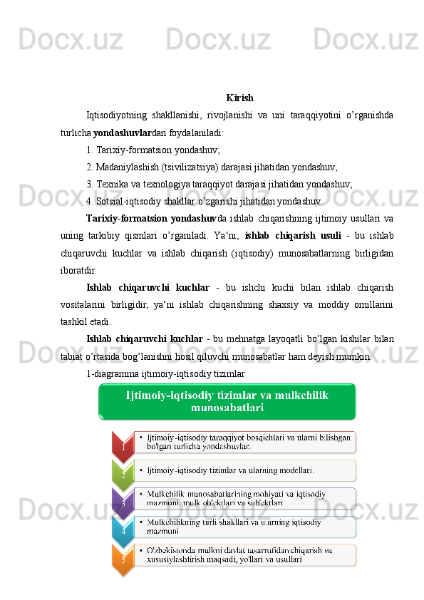 Kirish
Iqtisodiyotning   shakllanishi,   rivojlanishi   va   uni   taraqqiyotini   o’rganishda
turlicha  yondashuvlar dan foydalaniladi: 
1. Tarixiy-formatsion yondashuv; 
2. Madaniylashish (tsivilizatsiya) darajasi jihatidan yondashuv; 
3. Texnika va texnologiya taraqqiyot darajasi jihatidan yondashuv; 
4. Sotsial-iqtisodiy shakllar o’zgarishi jihatidan yondashuv. 
Tarixiy-formatsion   yondashuv da   ishlab   chiqarishning   ijtimoiy   usullari   va
uning   tarkibiy   qismlari   o’rganiladi.   Ya‘ni,   ishlab   chiqarish   usuli   -   bu   ishlab
chiqaruvchi   kuchlar   va   ishlab   chiqarish   (iqtisodiy)   munosabatlarning   birligidan
iboratdir. 
Ishlab   chiqaruvchi   kuchlar   -   bu   ishchi   kuchi   bilan   ishlab   chiqarish
vositalarini   birligidir,   ya‘ni   ishlab   chiqarishning   shaxsiy   va   moddiy   omillarini
tashkil etadi. 
Ishlab chiqaruvchi kuchlar   - bu mehnatga layoqatli bo’lgan kishilar bilan
tabiat o’rtasida bog’lanishni hosil qiluvchi munosabatlar ham deyish mumkin. 
1-diagramma ijtimoiy-iqtisodiy tizimlar
3