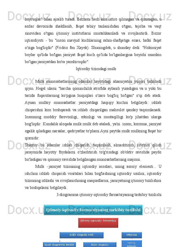 buyruqlar" bilan ajralib turadi. Bozorni  hech kim ixtiro qilmagan va qurmagan, u
asrlar   davomida   shakllanib,   faqat   tabiiy   tanlanishdan   o'tgan,   tajriba   va   vaqt
sinovidan   o'tgan   ijtimoiy   institutlarni   mustahkamladi   va   rivojlantirdi.   Bozor
iqtisodiyoti   -   bu   "inson   mavjud   kuchlarning   rahm-shafqatiga   emas,   balki   faqat
o'ziga   bog'liqdir"   (Fridrix   fon   Xayek).   Shuningdek,   u   shunday   dedi:   "Hokimiyat
boylar   qo'lida   bo'lgan   jamiyat   faqat   kuch   qo'lida   bo'lganlargina   boyishi   mumkin
bo'lgan jamiyatdan ko'ra yaxshiroqdir".
Iqtisodiy tizimdagi mulk
Mulk   munosabatlarining   odamlar   hayotidagi   ahamiyatini   yuqori   baholash
qiyin.   Hegel   ularni   "barcha   qonunchilik   atrofida   aylanib   yuradigan   va   u   yoki   bu
tarzda   fuqarolarning   ko'pgina   huquqlari   o'zaro   bog'liq   bo'lgan"   o'qi   deb   atadi.
Aynan   mulkiy   munosabatlar   jamiyatdagi   haqiqiy   kuchni   belgilaydi:   ishlab
chiqarishni   kim   boshqaradi   va   ishlab   chiqarilgan   mahsulot   qanday   taqsimlanadi.
Insonning   moddiy   farovonligi,   erkinligi   va   mustaqilligi   ko'p   jihatdan   ularga
bog'liqdir. Kundalik aloqada mulk mulk deb ataladi, ya'ni. inson, korxona, jamiyat
egalik qiladigan narsalar, qadriyatlar to'plami.Ayni paytda mulk mulkning faqat bir
qismidir.
Shaxsiy -   bu   odamlar   ishlab   chiqarish,   taqsimlash,   almashtirish,   iste'mol   qilish
jarayonida   hayotiy   foydalarni   o'zlashtirish   to'g'risidagi   ob'ektiv   ravishda   paydo
bo'ladigan va qonuniy ravishda belgilangan munosabatlarning majmui.
Mulk   -   jamiyat   tizimining   iqtisodiy   asoslari,   uning   asosiy   elementi ...   U
ishchini   ishlab   chiqarish   vositalari   bilan   bog'lashning   iqtisodiy   usulini,   iqtisodiy
tizimning ishlashi va rivojlanishining maqsadlarini, jamiyatning ijtimoiy tuzilishini
va boshqalarni belgilaydi.
3-diogramma ijtimoiy-iqtisodiy farmatsiyaning tarkibiy tuzilishi
30 