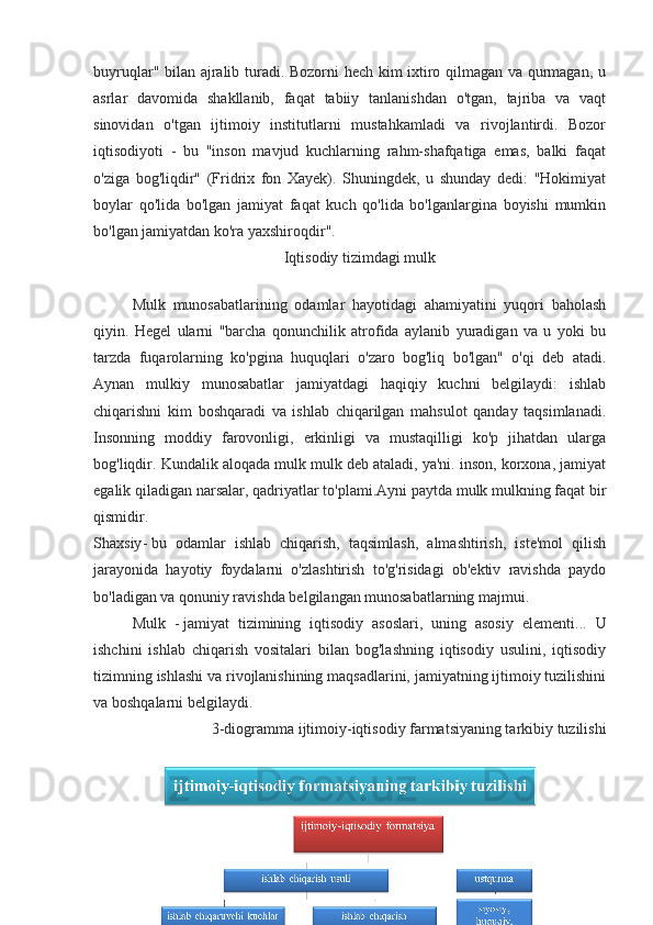 buyruqlar" bilan ajralib turadi. Bozorni  hech kim ixtiro qilmagan va qurmagan, u
asrlar   davomida   shakllanib,   faqat   tabiiy   tanlanishdan   o'tgan,   tajriba   va   vaqt
sinovidan   o'tgan   ijtimoiy   institutlarni   mustahkamladi   va   rivojlantirdi.   Bozor
iqtisodiyoti   -   bu   "inson   mavjud   kuchlarning   rahm-shafqatiga   emas,   balki   faqat
o'ziga   bog'liqdir"   (Fridrix   fon   Xayek).   Shuningdek,   u   shunday   dedi:   "Hokimiyat
boylar   qo'lida   bo'lgan   jamiyat   faqat   kuch   qo'lida   bo'lganlargina   boyishi   mumkin
bo'lgan jamiyatdan ko'ra yaxshiroqdir".
Iqtisodiy tizimdagi mulk
Mulk   munosabatlarining   odamlar   hayotidagi   ahamiyatini   yuqori   baholash
qiyin.   Hegel   ularni   "barcha   qonunchilik   atrofida   aylanib   yuradigan   va   u   yoki   bu
tarzda   fuqarolarning   ko'pgina   huquqlari   o'zaro   bog'liq   bo'lgan"   o'qi   deb   atadi.
Aynan   mulkiy   munosabatlar   jamiyatdagi   haqiqiy   kuchni   belgilaydi:   ishlab
chiqarishni   kim   boshqaradi   va   ishlab   chiqarilgan   mahsulot   qanday   taqsimlanadi.
Insonning   moddiy   farovonligi,   erkinligi   va   mustaqilligi   ko'p   jihatdan   ularga
bog'liqdir. Kundalik aloqada mulk mulk deb ataladi, ya'ni. inson, korxona, jamiyat
egalik qiladigan narsalar, qadriyatlar to'plami.Ayni paytda mulk mulkning faqat bir
qismidir.
Shaxsiy -   bu   odamlar   ishlab   chiqarish,   taqsimlash,   almashtirish,   iste'mol   qilish
jarayonida   hayotiy   foydalarni   o'zlashtirish   to'g'risidagi   ob'ektiv   ravishda   paydo
bo'ladigan va qonuniy ravishda belgilangan munosabatlarning majmui.
Mulk   -   jamiyat   tizimining   iqtisodiy   asoslari,   uning   asosiy   elementi ...   U
ishchini   ishlab   chiqarish   vositalari   bilan   bog'lashning   iqtisodiy   usulini,   iqtisodiy
tizimning ishlashi va rivojlanishining maqsadlarini, jamiyatning ijtimoiy tuzilishini
va boshqalarni belgilaydi.
3-diogramma ijtimoiy-iqtisodiy farmatsiyaning tarkibiy tuzilishi
30