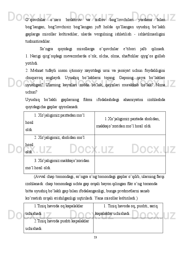 O’quvchilar   o’zaro   biriktiruv   va   zidlov   bog’lovchilari   yordami   bilan
bog’langan,   bog’lovchisiz   bog’langan   juft   holda   qo’llangan   uyushiq   bo’lakli
gaplarga   misollar   keltiradilar,   ularda   vergulning   ishlatilish   -   ishlatilmasligini
tushuntiradilar.
      So’ngra   quyidagi   misollarga   o’quvchilar   e’tibori   jalb   qilinadi.
1.   Narigi   qirg’oqdagi   mevazorlarda   o’rik,   olcha,   olma,   shaftolilar   qiyg’os   gullab
yotibdi.
2.   Mehnat   tufayli   inson   ijtimoiy   xayotdagi   urni   va   jamiyat   uchun   foydaliligini
chuqurroq   anglaydi.   Uyushiq   bo’laklarni   toping.   Gapning   qaysi   bo’laklari
uyushgan?   Ularning   kaysilari   sodda   bo’lak,   qaysilari   murakkab   bo’lak?   Nima
uchun?
Uyushiq   bo’lakli   gaplarning   fikrni   ifodalashdagi   ahamiyatini   izohlashda
quyidagicha gaplar qiyoslanadi.
1. Xo’jaligimiz paxtadan mo’l 
hosil
oldi. 1.Xo’jaligimiz paxtada sholidan,
makkajo’xoridan mo’l hosil oldi.
2. Xo’jaligimiz, sholidan mo’l 
hosil
oldi.
3. Xo’jaligimiz makkajo’xoridan
mo’l hosil oldi.
(Avval chap tomondagi, so’ngra o’ng tomondagi gaplar o’qilib, ularning farqi
izohlanadi: chap tomondagi uchta gap orqali bayon qilingan fikr o’ng tomonda
bitta uyushiq bo’lakli gap bilan ifodalanganligi, bunga predmetlarni sanab
ko’rsatish orqali erishilganligi uqtiriladi. Yana misollar keltiriladi.)
1.Tiniq havoda oq kapalaklar
uchishadi. 1. Tiniq havoda oq, pushti, sariq
kapalaklar uchishadi.
2.Tiniq havoda pushti kapalaklar
uchishadi.
23 