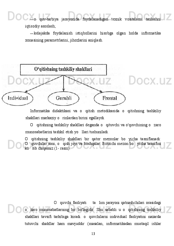 — o quv-tarbiya   jarayonida   foydalanadigan   texnik   vositalarni   tanlashni
iqtisodiy asoslash;
— kelajakda   foydalanish   istiqbollarini   hisobga   olgan   holda   informatika
xonasining parametrlarini, jihozlarini aniqlash.
Informatika   didaktikasi   va   o qitish   metodikasida   o qitishning   tashkiliy	
 
shakllari markaziy o rinlardan birini egallaydi.	

O qitishning tashkiliy shakllari deganda o qituvchi va o'quvchining o zaro	
  
munosabatlarini tashkil etish yo llari tushuniladi	
 .
O qitishning   tashkiliy   shakllari   bir   qator   mezonlar   bo yicha   tasniflanadi:	
 
O quvchilar soni, o qish joyi va boshqalar. Birinchi mezon bo yicha tasnifini
  
ko rib chiqamiz (1- rasm).

                                        O quvchi   faoliyati     ta lim  jarayoni  qatnashchilari   orasidagi	
  
o zaro   munosabatlarning   bir   bo'lagidir.   Shu   sababli   u   o qitishning   tashkiliy	
 
shakllari   tavsifi   tarkibiga   kiradi.   o quvchilarni   individual   faoliyatini   nazarda	

tutuvchi   shakllar   ham   mavjuddir   (masalan,   informatikadan   mustaqil   ishlar
13 