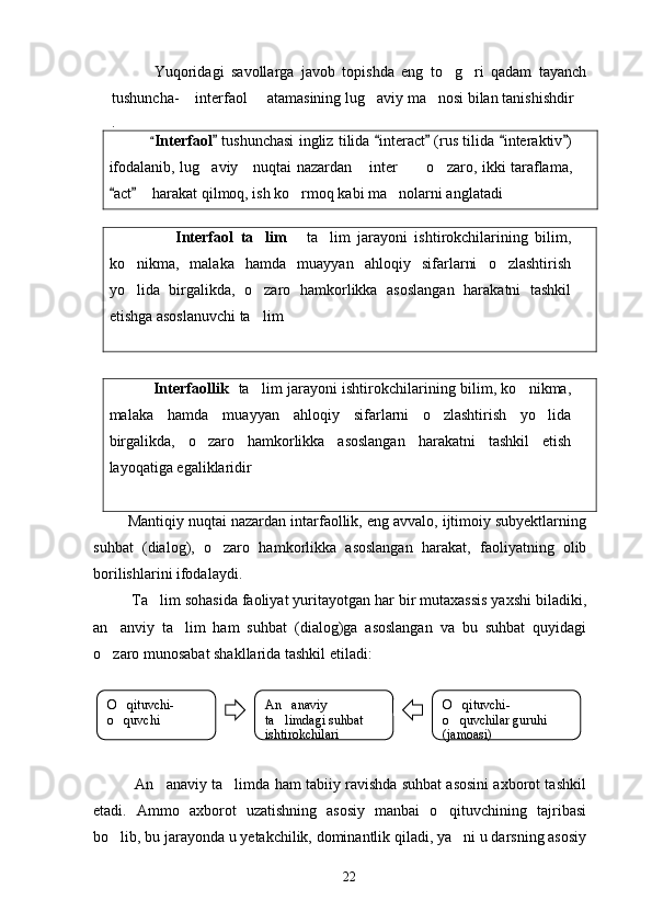             Yuqoridagi   savollarga   javob   topishda   eng   to g ri   qadam   tayanch 
tushuncha-  interfaol   atamasining lug aviy ma nosi bilan tanishishdir	
   
.
                   	
 Interfaol  	 tushunchasi ingliz tilida  interact  (rus tilida  interaktiv )	   
ifodalanib, lug aviy     nuqtai nazardan  inter   o zaro, ikki taraflama,	
    
act   harakat qilmoq, ish ko rmoq kabi ma nolarni anglatadi	
 	  
 
                    Interfaol   ta lim  	
  ta lim   jarayoni   ishtirokchilarining   bilim,	
ko nikma,   malaka   hamda   muayyan   ahloqiy   sifarlarni   o zlashtirish	
 
yo lida   birgalikda,   o zaro   hamkorlikka   asoslangan   harakatni   tashkil
 
etishga asoslanuvchi ta lim	

                    Interfaollik    ta lim jarayoni ishtirokchilarining bilim, ko nikma,
 
malaka   hamda   muayyan   ahloqiy   sifarlarni   o zlashtirish   yo lida	
 
birgalikda,   o zaro   hamkorlikka   asoslangan   harakatni   tashkil   etish	

layoqatiga egaliklaridir
        Mantiqiy nuqtai nazardan intarfaollik, eng avvalo, ijtimoiy subyektlarning
suhbat   (dialog),   o zaro   hamkorlikka   asoslangan   harakat,   faoliyatning   olib	

borilishlarini ifodalaydi.
         Ta lim sohasida faoliyat yuritayotgan har bir mutaxassis yaxshi biladiki,	

an anviy   ta lim   ham   suhbat   (dialog)ga   asoslangan   va   bu   suhbat   quyidagi	
 
o zaro munosabat shakllarida tashkil etiladi:

             An anaviy ta limda ham tabiiy ravishda suhbat asosini axborot tashkil	
 
etadi.   Ammo   axborot   uzatishning   asosiy   manbai   o qituvchining   tajribasi	

bo lib, bu jarayonda u yetakchilik, dominantlik qiladi, ya ni u darsning asosiy	
  O qituvchi-

o quvchi
 An anaviy 	

ta limdagi suhbat 

ishtirokchilari O qituvchi-	

o quvchilar guruhi 

(jamoasi)
22 