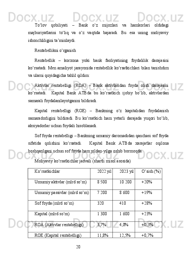 20To‘lov   qobiliyati   –   Bank   o‘z   mijozlari   va   hamkorlari   oldidagi
majburiyatlarini   to‘liq   va   o‘z   vaqtida   bajaradi.   Bu   esa   uning   moliyaviy
ishonchliligini ta’minlaydi.
Rentabellikni o‘rganish
Rentabellik   –   korxona   yoki   bank   faoliyatining   foydalilik   darajasini
ko‘rsatadi. Men amaliyot jarayonida rentabellik ko‘rsatkichlari bilan tanishdim
va ularni quyidagicha tahlil qildim:
Aktivlar   rentabelligi   (ROA)   –   Bank   aktivlaridan   foyda   olish   darajasini
ko‘rsatadi.     Kapital   Bank   ATB da   bu   ko‘rsatkich   ijobiy   bo‘lib,   aktivlardan
samarali foydalanilayotganini bildiradi.
Kapital   rentabelligi   (ROE)   –   Bankning   o‘z   kapitalidan   foydalanish
samaradorligini   bildiradi.   Bu   ko‘rsatkich   ham   yetarli   darajada   yuqori   bo‘lib,
aksiyadorlar uchun foydali hisoblanadi.
Sof foyda rentabelligi – Bankning umumiy daromadidan qanchasi sof foyda
sifatida   qolishini   ko‘rsatadi.     Kapital   Bank   ATB da   xarajatlar   oqilona
boshqarilgani uchun sof foyda ham yildan-yilga oshib bormoqda.
Moliyaviy ko‘rsatkichlar jadvali (shartli misol asosida)
Ko‘rsatkichlar 2022 yil 2023 yil O‘sish (%)
Umumiy aktivlar (mlrd so‘m) 8 500 10 200 +20%
Umumiy passivlar (mlrd so‘m) 7 200 8 600 +19%
Sof foyda (mlrd so‘m) 320 410 +28%
Kapital (mlrd so‘m) 1 300 1 600 +23%
ROA (Aktivlar rentabelligi) 3,7% 4,0% +0,3%
ROE (Kapital rentabelligi) 11,8% 12,5% +0,7% 
