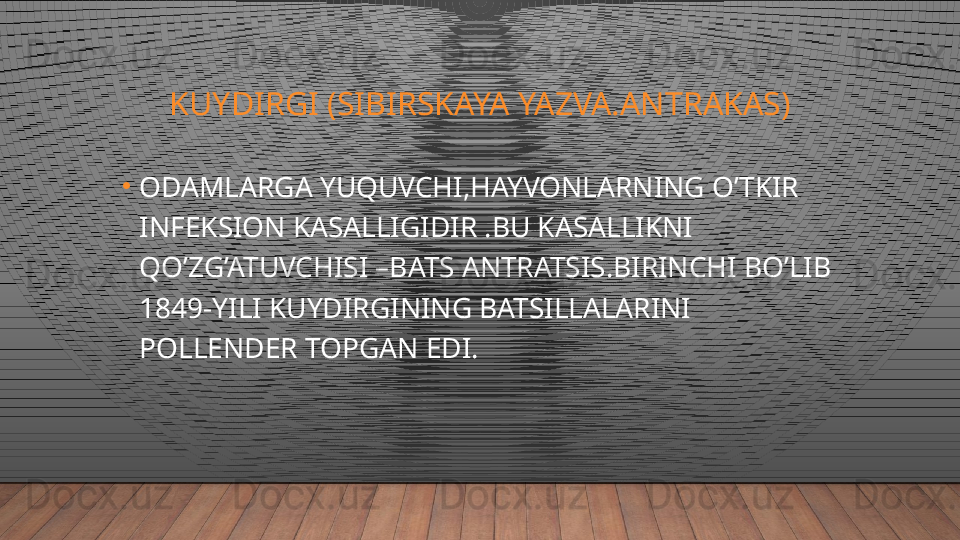 KUYDIRGI (SIBIRSKAYA YAZVA.ANTRAKAS)
•
ODAMLARGA YUQUVCHI,HAYVONLARNING O’TKIR 
INFEKSION KASALLIGIDIR .BU KASALLIKNI 
QO’ZG’ATUVCHISI –BATS ANTRATSIS.BIRINCHI BO’LIB 
1849-YILI KUYDIRGINING BATSILLALARINI 
POLLENDER TOPGAN EDI.