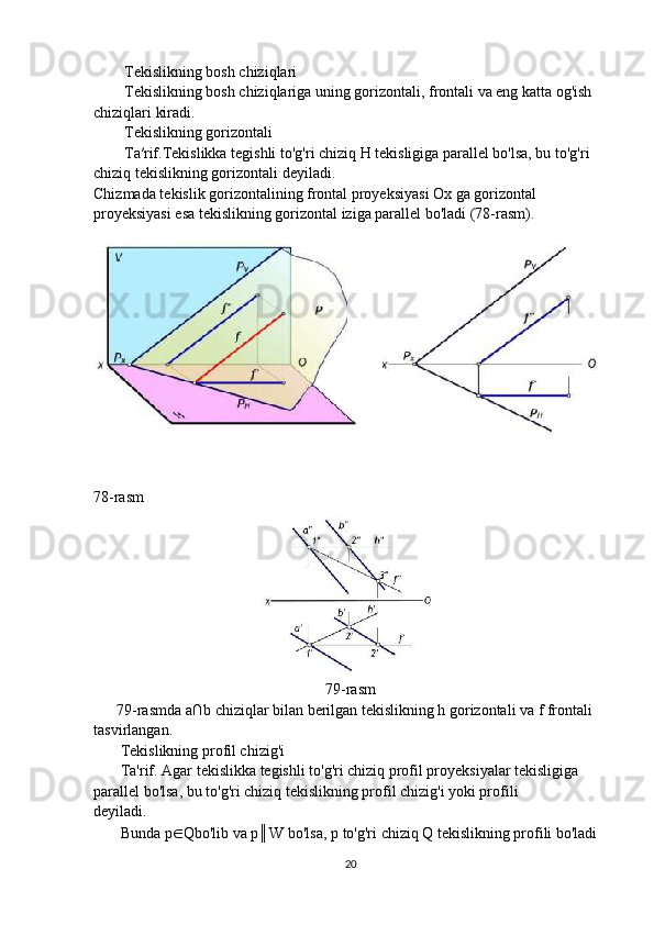          Tekislikning bosh chiziqlari
        Tekislikning bosh chiziqlariga uning gorizontali, frontali va eng katta og'ish
chiziqlari kiradi.
        Tekislikning gorizontali
        Ta′rif.Tekislikka tegishli to'g'ri chiziq H tekisligiga parallel bo'lsa, bu to'g'ri
chiziq tekislikning gorizontali deyiladi.
Chizmada tekislik gorizontalining frontal proyeksiyasi Ox ga gorizontal
proyeksiyasi esa tekislikning gorizontal iziga parallel bo'ladi (78-rasm).
78-rasm
79-rasm
       79-rasmda  а ∩b   chiziqlar bilan berilgan tekislikning h gorizontali va f frontali
tasvirlangan.
       Tekislikning profil chizig'i
       Ta'rif. Agar tekislikka tegishli to'g'ri chiziq profil proyeksiyalar tekisligiga
parallel bo'lsa, bu to'g'ri chiziq tekislikning profil chizig'i yoki profili
deyiladi.
       Bunda p ∈ Qbo'lib va p║W bo'lsa, p to'g'ri chiziq Q tekislikning profili bo'ladi
20 