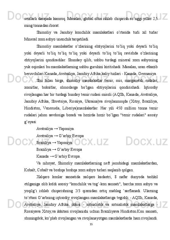sezilarli darajada kamroq. Masalan, global oltin ishlab chiqarish so’nggi yillar 2,5
ming tonnadan iborat. 
Shimoliy   va   Janubiy   konchilik   mamlakatlari   o’rtasida   turli   xil   turlar
Mineral xom ashyo unenchik tarqatiladi. 
Shimoliy   mamlakatlar   o’zlarining   ehtiyojlarini   to’liq   yoki   deyarli   to’liq
yoki   deyarli   to’liq   to’liq   to’liq   yoki   deyarli   to’liq   to’liq   ravishda   o’zlarining
ehtiyojlarini   qondiradilar.   Shunday   qilib,   ushbu   turdagi   mineral   xom   ashyoning
yuk oqimlari bu mamlakatlarning ushbu guruhini kiritishadi. Masalan, uran etkazib
beruvchilari Kanada, Avstraliya, Janubiy Afrika,kaliy tuzlari - Kanada, Germaniya.
Shu   bilan   birga,   shimoliy   mamlakatlar   temir,   mis,   marganetsli   rudalar,
xomitlar,   boksitlar,   olmoslarga   bo’lgan   ehtiyojlarini   qondirishadi.   Iqtisodiy
rivojlangan har bir turdagi bunday temir rudasi misoli (AQSh, Kanada, Avstraliya,
Janubiy  Afrika,   Shvetsiya,   Rossiya,   Ukraina)va   rivojlanmoqda   (Xitoy,   Braziliya,
Hindiston,   Venesuela,   Liberiya)mamlakatlar.   Har   yili   450   million   tonna   temir
rudalari   jahon   savdosiga   boradi   va   hozirda   hozir   bo’lgan   "temir   rudalari"   asosiy
g’oyasi: 
Avstraliya → Yaponiya. 
Avstraliya → G’arbiy Evropa 
Braziliya → Yaponiya. 
Braziliya → G’arbiy Evropa 
Kanada → G’arbiy Evropa. 
Va   nihoyat,   Shimoliy   mamlakatlarning   neft   janubidagi   mamlakatlardan,
Kobalt, Cobalt va boshqa boshqa xom ashyo turlari saqlanib qolgan. 
Xalqaro   konlar   sanoatida   xalqaro   kadastri,   8   nafar   dunyoda   tashkil
etilganiga olib keldi asosiy "konchilik va tog’-kon sanoati", barcha xom ashyo va
yoqilg’i   ishlab   chiqarishning   2/3   qismidan   ortiq   mablag   ‘sarflanadi.   Ularning
to’rttasi G’arbning iqtisodiy rivojlangan mamlakatlariga tegishli - AQSh, Kanada,
Avstraliya,   Janubiy   Afrika,   ikkisi   -   sotsialistik   va   sotsialistik   mamlakatlarga   -
Rossiyava Xitoy,va ikkitasi rivojlanishi uchun Braziliyava Hindiston.Kon sanoati,
shuningdek, ko’plab rivojlangan va rivojlanayotgan mamlakatlarda ham rivojlandi.
15 