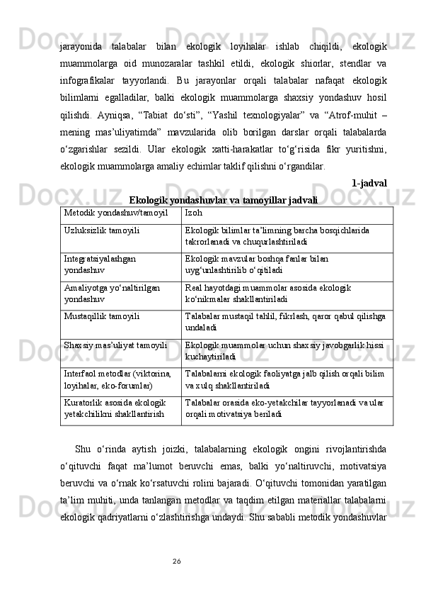 26jarayonida   talabalar   bilan   ekologik   loyihalar   ishlab   chiqildi,   ekologik
muammolarga   oid   munozaralar   tashkil   etildi,   ekologik   shiorlar,   stendlar   va
infografikalar   tayyorlandi.   Bu   jarayonlar   orqali   talabalar   nafaqat   ekologik
bilimlarni   egalladilar,   balki   ekologik   muammolarga   shaxsiy   yondashuv   hosil
qilishdi.   Ayniqsa,   “Tabiat   do‘sti”,   “Yashil   texnologiyalar”   va   “Atrof-muhit   –
mening   mas’uliyatimda”   mavzularida   olib   borilgan   darslar   orqali   talabalarda
o‘zgarishlar   sezildi.   Ular   ekologik   xatti-harakatlar   to‘g‘risida   fikr   yuritishni,
ekologik muammolarga amaliy echimlar taklif qilishni o‘rgandilar.
1-jadval
Ekologik yondashuvlar va tamoyillar jadvali
Metodik yondashuv/tamoyil Izoh
Uzluksizlik tamoyili Ekologik bilimlar ta’limning barcha bosqichlarida 
takrorlanadi va chuqurlashtiriladi
Integratsiyalashgan 
yondashuv Ekologik mavzular boshqa fanlar bilan 
uyg‘unlashtirilib o‘qitiladi
Amaliyotga yo‘naltirilgan 
yondashuv Real hayotdagi muammolar asosida ekologik 
ko‘nikmalar shakllantiriladi
Mustaqillik tamoyili Talabalar mustaqil tahlil, fikrlash, qaror qabul qilishga 
undaladi
Shaxsiy mas’uliyat tamoyili Ekologik muammolar uchun shaxsiy javobgarlik hissi 
kuchaytiriladi
Interfaol metodlar (viktorina, 
loyihalar, eko-forumlar) Talabalarni ekologik faoliyatga jalb qilish orqali bilim 
va xulq shakllantiriladi
Kuratorlik asosida ekologik 
yetakchilikni shakllantirish Talabalar orasida eko-yetakchilar tayyorlanadi va ular 
orqali motivatsiya beriladi
Shu   o‘rinda   aytish   joizki,   talabalarning   ekologik   ongini   rivojlantirishda
o‘qituvchi   faqat   ma’lumot   beruvchi   emas,   balki   yo‘naltiruvchi,   motivatsiya
beruvchi va o‘rnak ko‘rsatuvchi  rolini bajaradi. O‘qituvchi tomonidan yaratilgan
ta’lim   muhiti,   unda   tanlangan   metodlar   va   taqdim   etilgan   materiallar   talabalarni
ekologik qadriyatlarni o‘zlashtirishga undaydi. Shu sababli metodik yondashuvlar 