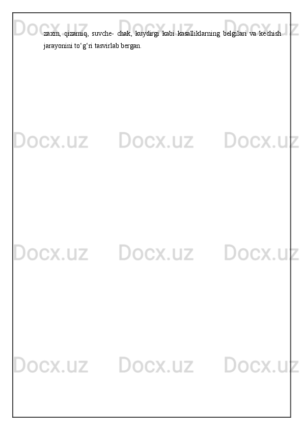 zaxm,   qizamiq,   suvche-   chak,   kuydirgi   kabi   kasalliklarning   belgilari   va   kechish
jarayonini to‘g‘ri tasvirlab bergan.