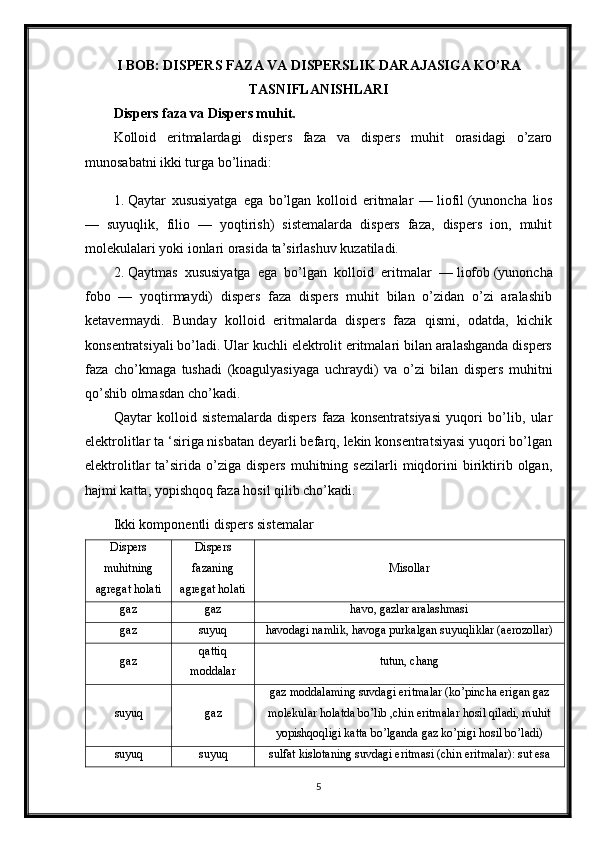 I BOB: DISPERS FAZA VA DISPERSLIK DARAJASIGA KO’RA
TASNIFLANISHLARI
Dispers faza va Dispers muhit.
Kolloid   eritmalardagi   dispers   faza   va   dispers   muhit   orasidagi   o’zaro
munosabatni ikki turga bo’linadi:
1. Qaytar   xususiyatga   ega   bo’lgan   kolloid   eritmalar   —   liofil   (yunoncha   lios
—   suyuqlik,   filio   —   yoqtirish)   sistemalarda   dispers   faza,   dispers   ion,   muhit
molekulalari yoki ionlari orasida ta’sirlashuv kuzatiladi.
2. Qaytmas   xususiyatga   ega   bo’lgan   kolloid   eritmalar   —   liofob   (yunon cha
fobo   —   yoqtirmaydi)   dispers   faza   dispers   muhit   bilan   o’zidan   o’zi   aralashib
ketavermaydi.   Bunday   kolloid   eritmalarda   dispers   faza   qismi,   odatda,   kichik
konsentratsiyali bo’ladi. Ular kuchli elektrolit eritmalari bilan aralashganda dispers
faza   cho’kmaga   tushadi   (koagulyasiyaga   uch raydi)   va   o’zi   bilan   dispers   muhitni
qo’shib olmasdan cho’kadi.
Qaytar   kolloid   sistemalarda   dispers   faza   konsentratsiyasi   yuqori   bo’lib,   ular
elektrolitlar ta ‘siriga nisbatan deyarli befarq, lekin konsentratsiyasi yuqori bo’lgan
elektrolitlar   ta’sirida   o’ziga   dispers   muhitning  sezilarli   miqdorini   biriktirib  olgan,
hajmi katta, yopishqoq faza hosil qilib cho’kadi.
Ikki komponentli dispers sistemalar
Dispers
muhitning
agregat holati Dispers
fazaning
agregat holati Misollar
gaz gaz havo, gazlar aralashmasi
gaz suyuq havodagi namlik, havoga purkalgan suyuqliklar (aerozollar)
gaz qattiq
moddalar tutun, chang
suyuq gaz gaz moddalaming suvdagi eritmalar (ko’pincha erigan gaz
molekular holatda bo’lib ,chin eritmalar hosil qiladi, muhit
yopishqoqligi katta bo’lganda gaz ko’pigi hosil bo’ladi)
suyuq suyuq sulfat kislotaning suvdagi eritmasi (chin eritmalar): sut esa
5