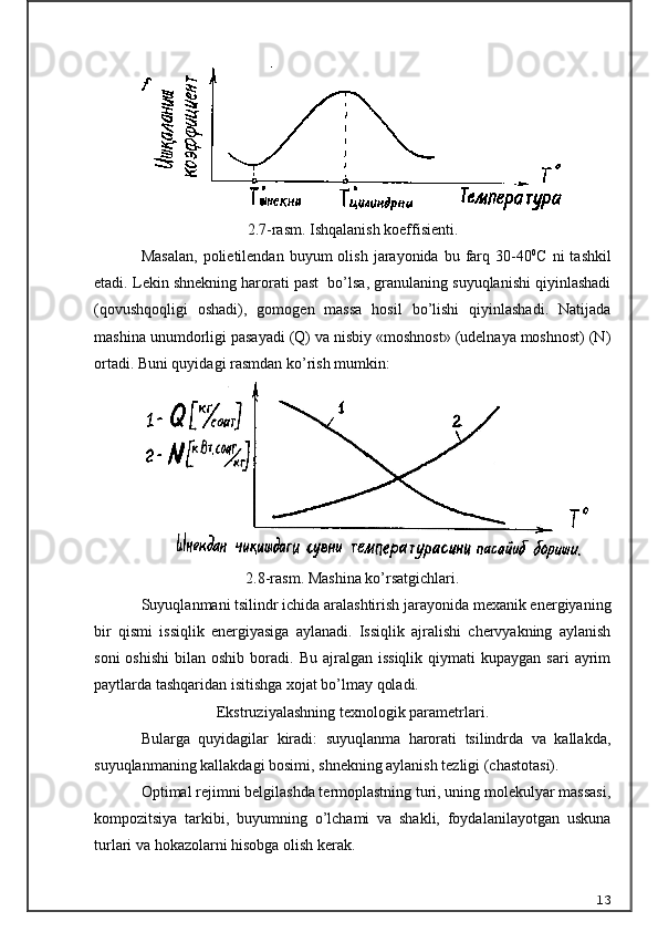 2.7-rasm. Ishqalanish koeffisienti.
Masalan,  polietilendan  buyum  olish   jarayonida  bu  farq  30-40 0
C  ni  tashkil
etadi. Lekin shnekning harorati past  bo’lsa, granulaning suyuqlanishi qiyinlashadi
(qovushqoqligi   oshadi),   gomogen   massa   hosil   bo’lishi   qiyinlashadi.   Natijada
mashina unumdorligi pasayadi (Q) va nisbiy «moshnost» (udelnaya moshnost) (N)
ortadi.  Buni quyidagi rasmdan ko’rish mumkin:
2.8-rasm. Mashina ko’rsatgichlari.
Suyuqlanmani tsilindr ichida aralashtirish jarayonida mexanik energiyaning
bir   qismi   issiqlik   energiyasiga   aylanadi.   Issiqlik   ajralishi   chervyakning   aylanish
soni  oshishi  bilan  oshib  boradi.  Bu   ajralgan  issiqlik  qiymati   kupaygan  sari  ayrim
paytlarda tashqaridan isitishga xojat bo’lmay qoladi.
Ekstruziyalashning texnologik parametrlari .
Bularga   quyidagilar   kiradi:   suyuqlanma   harorati   tsilindrda   va   kallakda,
suyuqlanmaning kallakdagi bosimi, shnekning aylanish tezligi (chastotasi).
Optimal rejimni belgilashda termoplastning turi, uning molekulyar massasi,
kompozitsiya   tarkibi,   buyumning   o’lchami   va   shakli,   foydalanilayotgan   uskuna
turlari va hokazolarni hisobga olish kerak.
13 