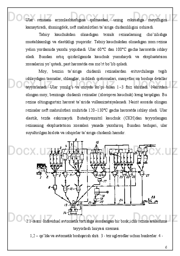 Ular   rezinani   arzonlashtiribgina   qolmasdan,   uning   eskirishga   moyilligini
kamaytiradi, shuningdek, neft mahsulotlari ta’siriga chidamliligini oshiradi.
Tabiiy   kauchukdan   olinadigan   texnik   rezinalarning   cho’zilishga
mustahkamligi va elastikligi  yuqoridir. Tabiiy kauchukdan olinadigan xom rezina
yelim   yordamida   yaxshi   yopishadi.   Ular   60 ° C   dan   100 ° C   gacha   haroratda   ishlay
oladi.   Bundan   ortiq   qizdirilganida   kauchuk   yumshaydi   va   ekspluatatsion
xossalarini yo’qotadi, past haroratda esa mo’rt bo’lib qoladi.
Moy,   benzin   ta’siriga   chidamli   rezinalardan   erituvchilarga   tegib
ishlaydigan tasmalar, shlanglar, zichlash qistirmalari, manjetlar va boshqa detallar
tayyorlanadi.   Ular   yonilg’i   va   moyda   ko’pi   bilan   1 – 3   foiz   shishadi.   Nairitdan
olingan moy, benzinga chidamli rezinalar (xloropren kauchuk) keng tarqalgan. Bu
rezina   oltingugurtsiz   harorat   ta’sirida   vulkanizatsiyalanadi.   Nairit   asosida   olingan
rezinalar neft mahsulotlari muhitida 120 – 130 ° C gacha haroratda ishlay oladi.  Ular
elastik,   tezda   eskirmaydi.   Butadiyennitril   kauchuk   (CKH)dan   tayyorlangan
rezinaning   ekspluatatsion   xossalari   yanada   yaxshiroq.   Bundan   tashqari,   ular
suyultirilgan kislota va ishqorlar ta’siriga chidamli hamdir.
2.1-rasm. Individual avtomatik tortishga asoslangan bir bosk;ichli rezina aralashma
tayyorlash liniyasi sxemasi.
1,2 – qo’lda va avtomatik boshqarish shiti. 3 - tex uglerodlar uchun bunkerlar. 4 -
6 