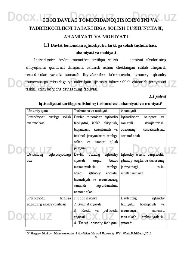 I BOB DAVLAT TOMONIDAN IQTISODIYOTNI VA
TADBIRKORLIKNI TATARTIBGA SOLISH TUSHUNCHASI,
AHAMIYATI VA MOHIYATI
1.1  Davlat tomonidan iqtisodiyotni tartibga solish tushunchasi,
ahamiyati va mohiyati
Iqtisodiyotni   davlat   tomonidan   tartibga   solish     -     jamiyat   a’zolarining
ehtiyojlarini   qondirish   darajasini   oshirish   uchun   cheklangan   ishlab   chiqarish
resurslaridan   yanada   samarali   foydalanishni   ta’minlovchi,   umumiy   iqtisodiy
muvozanatga   erishishga   yo’naltirilgan,   ijtimoiy   takror   ishlab   chiqarish   jarayonini
tashkil etish bo’yicha davlaatning faoliyati. 
1.1-jadval
Iqtisodiyotni tartibga solishning tushunchasi, ahamiyati va mohiyati 1
Umumiy qism Tushuncha va mohiyat Ahamiyati
Iqtisodiyotni   tartibga   solish
tushunchasi Davlat   tomonidan   iqtisodiy
faoliyatni,   ishlab   chiqarish,
taqsimlash,   almashinish   va
iste'mol   jarayonlarini   tartibga
solish   va   nazorat   qilish
jarayoni. Iqtisodiyotni   barqaror   va
samarali   rivojlantirish,
bozorning   disbalanslarini
bartaraf etish.
Davlatning   iqtisodiyotdagi
roli Davlat   o'zining   iqtisodiy
siyosati   orqali   bozor
mexanizmlarini   tartibga
soladi,   ijtimoiy   adolatni
ta'minlaydi   va   resurslarning
samarali   taqsimlanishini
nazorat qiladi. Iqtisodiy   o'sish,   barqarorlik,
ijtimoiy  tenglik  va davlatning
jamiyatdagi   rolini
mustahkamlash.
Iqtisodiyotni   tartibga
solishning asosiy vositalari 1. Soliq siyosati
2. Byudjet siyosati
3.   Kredit   va   pul-kredit
siyosati
4.   Tashqi   iqtisodiy   faoliyatni Davlatning   iqtisodiy
faoliyatni   boshqarish   va
resurslarni   samarali
taqsimlash   imkoniyatlarini
yaratadi.
1
 N. Gregory Mankiw.  Macroeconomics. 9 th edition. Harvard University. NY.: Worth Publishers, 2016
5 