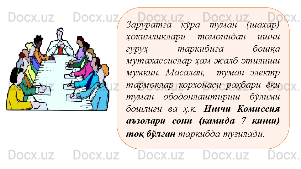 Заруратга  кўра  туман  (шаҳар) 
ҳокимликлари  томонидан  ишчи 
гуруҳ  таркибига  бошқа 
мутахассислар  ҳам  жалб  этилиши 
мумкин.  Масалан,    туман  электр 
тармоқлар  корхонаси  раҳбари  ёки 
туман  ободонлаштириш  бўлими 
бошлиғи  ва  ҳ.к.  Ишчи  Комиссия 
аъзолари  сони  (камида  7  киши) 
тоқ бўлган  таркибда тузилади.   