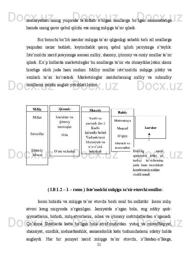 xususiyatlari   uning   yuqorida   ta’kidlab   o’tilgan   omillarga   bo’lgan   munosabatiga
hamda uning qaror qabul qilishi esa uning xulqiga ta’sir qiladi.
Biz birinchi bo’lib xaridor xulqiga ta’sir qilganligi sababli turli xil omillarga
yaqindan   nazar   tashlab,   keyinchalik   qaroq   qabul   qilish   jaroyiniga   o’taylik.
Iste’molchi xarid jarayoniga asosan milliy, shaxsiy, ijtimoiy va ruxiy omillar ta’sir
qiladi. Ko’p hollarda marketologlar bu omillarga ta’sir eta olmaydilar,lekin ularni
hisobga   olish   juda   ham   muhim.   Milliy   omillar   iste’molchi   xulqiga   jiddiy   va
sezilarli   ta’sir   ko’rsatadi.   Marketologlar   xaridorlarning   milliy   va   submilliy
omillarini yaxshi anglab yetishlari lozim. 
 ( I.B 1.2 – 1 – rasm ) Iste’molchi xulqiga ta’sir etuvchi omillar.
Inson   hohishi   va   xulqiga   ta’sir   etuvchi   bosh   omil   bu   millatdir.   Inson   xulq-
atvori   keng   miqyosda   o’rganilgan.   Jamiyatda   o’sgan   bola,   eng   oddiy   qadr-
qiymatlarini, hohish,  xulq-atvorlarini, oilasi  va ijtimoiy institulatlardan o’rganadi.
Qo’shma   Shtatlarda   katta   bo’lgan   bola   atrof-muhitdan:   yutuq   va   muvaffaqiyat,
shaxsiyat,   ozodlik,   mehnatkashlik,   samaradorlik   kabi   tushunchalarni   odatiy   holda
anglaydi.   Har   bir   jamiyat   xarid   xulqiga   ta’sir   etuvchi,   o’lkadan-o’lkaga,
11 