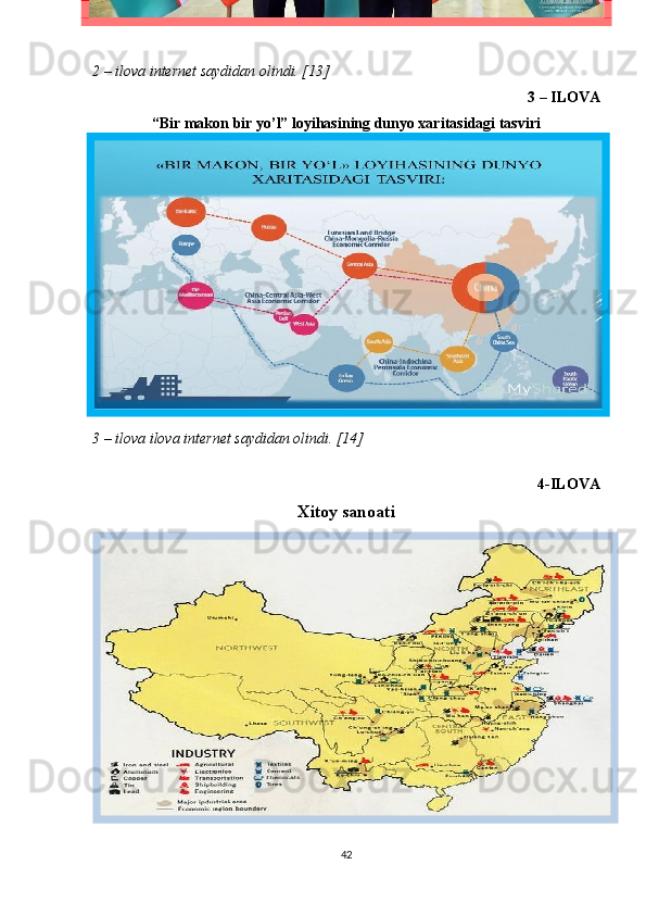 2 – ilova internet saydidan olindi. [13]  
3 – ILOVA 
“Bir makon bir yo’l” loyihasining dunyo xaritasidagi tasviri 
3 – ilova  ilova internet saydidan olindi. [14]  
4-ILOVA
Xitoy sanoati
42 