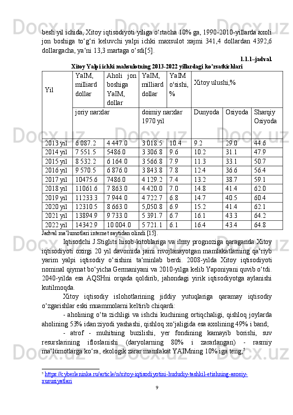 besh yil ichida, Xitoy iqtisodiyoti yiliga o‘rtacha 10% ga, 1990-2010-yillarda axoli
jon   boshiga   to‘g‘ri   keluvchi   yalpi   ichki   maxsulot   xajmi   341,4   dollardan   4392,6
dollargacha, ya‘ni 13,3 martaga o‘sdi[5].
1.1.1–jadval.
Xitoy Yalpi ichki mahsulotning 2013-2022 yillardagi ko’rsatkichlari
Yil YaIM,
milliard
dollar Aholi   jon
boshiga
YaIM,
dollar YaIM,
milliard
dollar YaIM
o'sishi,
% Xitoy ulushi,%
joriy narxlar doimiy narxlar 
1970 yil D unyoda Osiyo d a Sharqiy
Osiyoda
201 3  yil 6 087.2 4 447.0 3 018.5 10.4 9.2 29.0 44.6
201 4  yil 7 551.5 5486.0 3 306.8 9.6 10.2 31.1 47.9
201 5  yil 8 532.2 6 164.0 3 566.8 7.9 11.3 33.1 50.7
201 6  yil 9 570.5 6 876.0 3 843.8 7.8 12.4 36.6 56.4
201 7  yil 10475.6 7486.0 4 129.2 7.4 13.2 38.7 59.1
201 8  yil 11061.6 7 863.0 4 420.0 7.0 14.8 41.4 62.0
201 9  yil 11233.3 7 944.0 4 722.7 6.8 14.7 40.5 60.4
20 20  yil 12310.5 8 663.0 5,050.8 6.9 15.2 41.4 62.1
20 2 1 yil 13894.9 9 733.0 5 391.7 6.7 16.1 43.3 64.2
20 22  yil 14342.9 10 004.0 5 721.1 6.1 16.4 43.4 64.8
Jadval ma’lumotlari internet saytidan olindi [15].
Iqtisodchi  J.Stiglits hisob-kitoblariga va ilmy prognoziga qaraganda Xitoy
iqtisodiyoti oxirgi  20 yil  davomida jami  rivojlanayotgan mamlakatlarning qa‘riyb
yarim   yalpi   iqtisodiy   o‘sishini   ta‘minlab   berdi.   2008-yilda   Xitoy   iqtisodiyoti
nominal qiymat bo‘yicha Germaniyani va 2010-yilga kelib Yaponiyani quvib o‘tdi.
2040-yilda   esa   AQSHni   orqada   qoldirib,   jahondagi   yirik   iqtisodiyotga   aylanishi
kutilmoqda.
Xitoy   iqtisodiy   islohotlarining   jiddiy   yutuqlariga   qaramay   iqtisodiy
o‘zgarishlar eski muammolarni keltirib chiqardi:
-   aholining   o‘ta   zichligi   va   ishchi   kuchining   ortiqchaligi,   qishloq   joylarda
aholining 53% idan ziyodi yashashi, qishloq xo‘jaligida esa axolining 49% i band;
-   atrof   -   muhitning   buzilishi,   yer   fondining   kamayib   borishi,   suv
resurslarining   ifloslanishi   (daryolarning   80%   i   zararlangan)   -   rasmiy
ma‘lumotlarga ko‘ra, ekologik zarar mamlakat YAIMning 10% iga teng; 5
5
  https://cyberleninka.ru/article/n/xitoy-iqtisodiyotini-hududiy-tashkil-etishning-asosiy-
xususiyatlari  
9 
