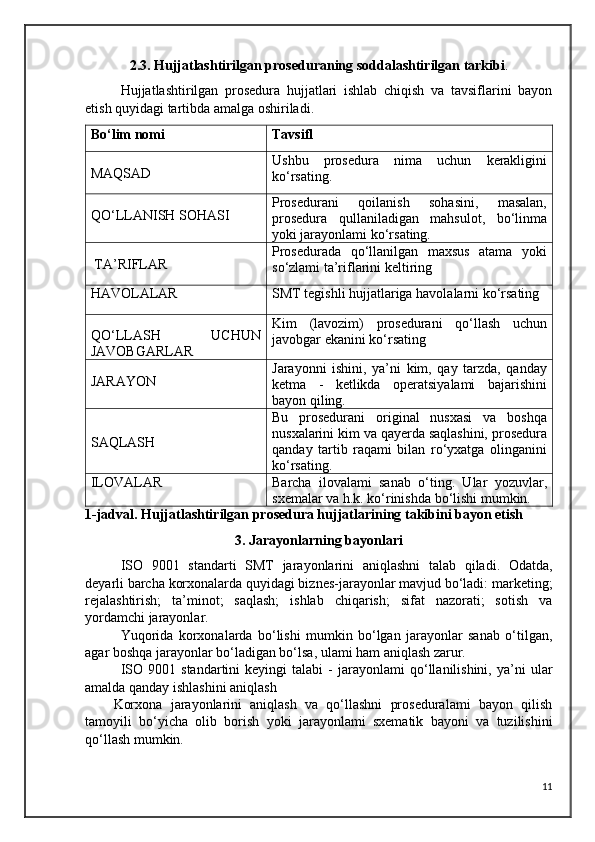 2.3. Hujjatlashtirilgan proseduraning soddalashtirilgan tarkibi .
Hujjatlashtirilgan   prosedura   hujjatlari   ishlab   chiqish   va   tavsiflarini   bayon
etish quyidagi tartibda amalga oshiriladi.
Bo‘lim nomi Tavsifl
MAQSAD Ushbu   prosedura   nima   uchun   kerakligini
ko‘rsating.
QO‘LLANISH SOHASI Prosedurani   qoilanish   sohasini,   masalan,
prosedura   qullaniladigan   mahsulot,   bo‘linma
yoki jarayonlami ko‘rsating.
 TA’RIFLAR Prosedurada   qo‘llanilgan   maxsus   atama   yoki
so‘zlami ta’riflarini keltiring
HAVOLALAR SMT tegishli hujjatlariga havolalarni ko‘rsating
QO‘LLASH   UCHUN
JAVOBGARLAR Kim   (lavozim)   prosedurani   qo‘llash   uchun
javobgar ekanini ko‘rsating
JARAYON Jarayonni   ishini,   ya’ni   kim,   qay   tarzda,   qanday
ketma   -   ketlikda   operatsiyalami   bajarishini
bayon qiling.
SAQLASH Bu   prosedurani   original   nusxasi   va   boshqa
nusxalarini kim va qayerda saqlashini, prosedura
qanday   tartib   raqami   bilan   ro‘yxatga   olinganini
ko‘rsating.
ILOVALAR Barcha   ilovalami   sanab   о‘ting.   Ular   yozuvlar,
sxemalar va h.k. ko‘rinishda bo‘lishi mumkin.
1-jadval. Hujjatlashtirilgan prosedura hujjatlarining takibini bayon etish
3. Jarayonlarning bayonlari
ISO   9001   standarti   SMT   jarayonlarini   aniqlashni   talab   qiladi.   Odatda,
deyarli barcha korxonalarda quyidagi biznes-jarayonlar mavjud bo‘ladi: marketing;
rejalashtirish;   ta’minot;   saqlash;   ishlab   chiqarish;   sifat   nazorati;   sotish   va
yordamchi jarayonlar. 
Yuqorida   korxonalarda   bo‘lishi   mumkin   bo‘lgan   jarayonlar   sanab   o‘tilgan,
agar boshqa jarayonlar bo‘ladigan bo‘lsa, ulami ham aniqlash zarur. 
ISO   9001  standartini   keyingi   talabi   -   jarayonlami   qo‘llanilishini,  ya’ni   ular
amalda qanday ishlashini aniqlash
Korxona   jarayonlarini   aniqlash   va   qo‘llashni   proseduralami   bayon   qilish
tamoyili   bo‘yicha   olib   borish   yoki   jarayonlami   sxematik   bayoni   va   tuzilishini
qo‘llash mumkin.
11