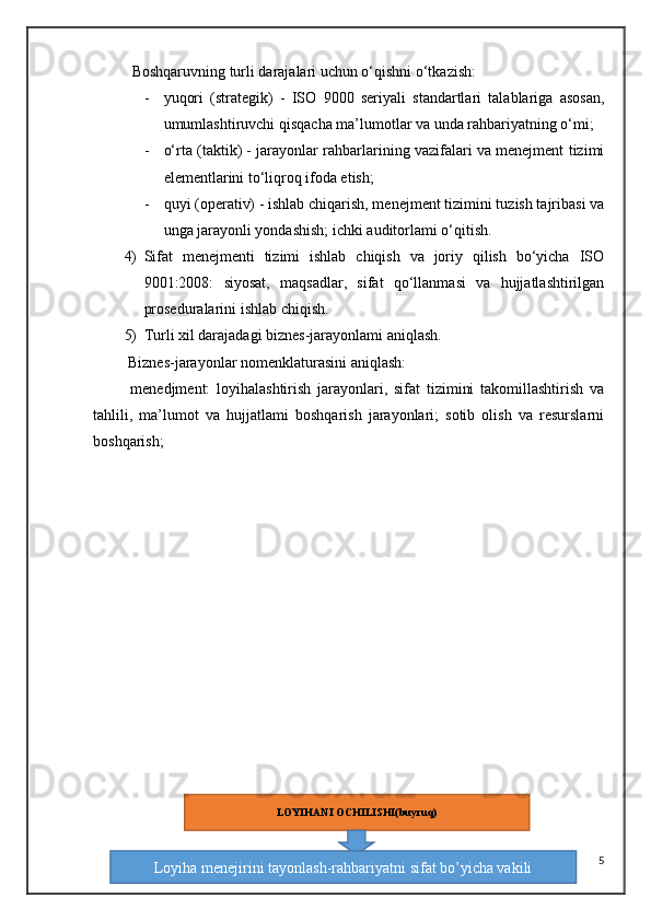 Boshqaruvning turli darajalari uchun o‘qishni o‘tkazish:
- yuqori   (strategik)   -   ISO   9000   seriyali   standartlari   talablariga   asosan,
umumlashtiruvchi qisqacha ma’lumotlar va unda rahbariyatning o‘mi;
- o‘rta (taktik) - jarayonlar rahbarlarining vazifalari va menejment tizimi
elementlarini to‘liqroq ifoda etish;
- quyi (operativ) - ishlab chiqarish, menejment tizimini tuzish tajribasi va
unga jarayonli yondashish; ichki auditorlami o‘qitish.
4) Sifat   menejmenti   tizimi   ishlab   chiqish   va   joriy   qilish   bo‘yicha   ISO
9001:2008:   siyosat,   maqsadlar,   sifat   qo‘llanmasi   va   hujjatlashtirilgan
proseduralarini ishlab chiqish. 
5) Turli xil darajadagi biznes-jarayonlami aniqlash.
 Biznes-jarayonlar nomenklaturasini aniqlash:
  menedjment:   loyihalashtirish   jarayonlari,   sifat   tizimini   takomillashtirish   va
tahlili,   ma’lumot   va   hujjatlami   boshqarish   jarayonlari;   sotib   olish   va   resurslarni
boshqarish;
  
5LOYIHANI OCHILISHI(buyruq)
Loyiha menejirini tayonlash-rahbariyatni sifat bo’yicha vakili 