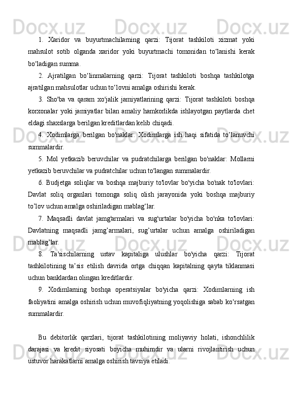 1.   Xaridor   va   buyurtmachilarning   qarzi:   Tijorat   tashkiloti   xizmat   yoki
mahsulot   sotib   olganda   xaridor   yoki   buyurtmachi   tomonidan   to‘lanishi   kerak
bo‘ladigan summa.
2.   Ajratilgan   bo‘linmalarning   qarzi:   Tijorat   tashkiloti   boshqa   tashkilotga
ajratilgan mahsulotlar uchun to‘lovni amalga oshirishi kerak.
3.   Sho'ba   va   qaram   xo'jalik   jamiyatlarining   qarzi:   Tijorat   tashkiloti   boshqa
korxonalar   yoki   jamiyatlar   bilan   amaliy   hamkorlikda   ishlayotgan   paytlarda   chet
eldagi shaxslarga berilgan kreditlardan kelib chiqadi.
4.   Xodimlarga   berilgan   bo'naklar:   Xodimlarga   ish   haqi   sifatida   to’lanuvchi
summalardir.
5.   Mol   yetkazib   beruvchilar   va   pudratchilarga   berilgan   bo'naklar:   Mollarni
yetkazib beruvchilar va pudratchilar uchun to'langan summalardir.
6.   Budjetga   soliqlar   va   boshqa   majburiy   to'lovlar   bo'yicha   bo'nak   to'lovlari:
Davlat   soliq   organlari   tomonga   soliq   olish   jarayonida   yoki   boshqa   majburiy
to’lov uchun amalga oshiriladigan mablag‘lar.
7.   Maqsadli   davlat   jamg'armalari   va   sug'urtalar   bo'yicha   bo'nka   to'lovlari:
Davlatning   maqsadli   jamg’armalari,   sug’urtalar   uchun   amalga   oshiriladigan
mablag’lar.
8.   Ta'sischilarning   ustav   kapitaliga   ulushlar   bo'yicha   qarzi:   Tijorat
tashkilotining   ta’sis   etilish   davrida   ortga   chiqqan   kapitalning   qayta   tiklanmasi
uchun banklardan olingan kreditlardir.
9.   Xodimlarning   boshqa   operatsiyalar   bo'yicha   qarzi:   Xodimlarning   ish
faoliyatini amalga oshirish uchun muvofiqliyatning yoqolishiga sabab ko‘rsatgan
summalardir.
Bu   debitorlik   qarzlari,   tijorat   tashkilotining   moliyaviy   holati,   ishonchlilik
darajasi   va   kredit   siyosati   boyicha   muhimdir   va   ularni   rivojlantirish   uchun
ustuvor harakatlarni amalga oshirish tavsiya etiladi. 