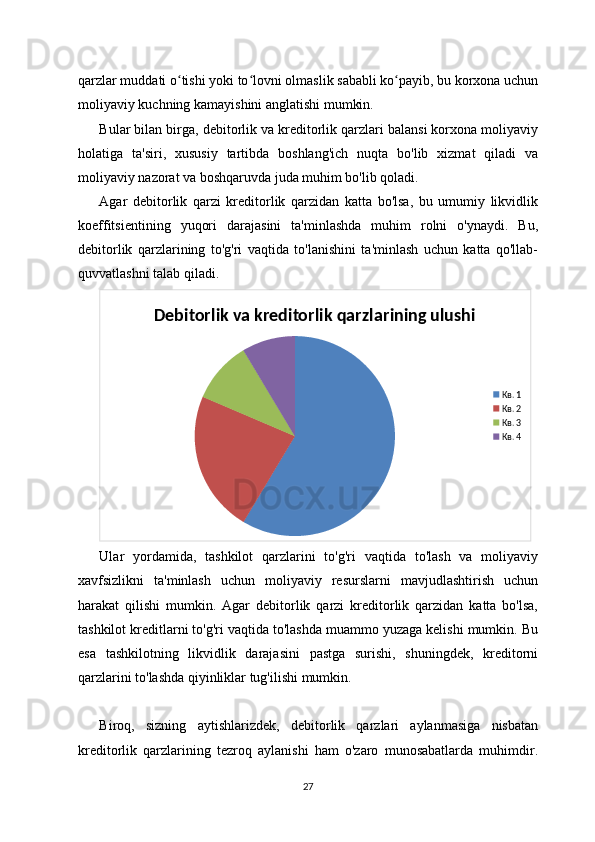 qarzlar muddati o tishi yoki to lovni olmaslik sababli ko payib, bu korxona uchunʻ ʻ ʻ
moliyaviy kuchning kamayishini anglatishi mumkin. 
Bular bilan birga, debitorlik va kreditorlik qarzlari balansi korxona moliyaviy
holatiga   ta'siri,   xususiy   tartibda   boshlang'ich   nuqta   bo'lib   xizmat   qiladi   va
moliyaviy nazorat va boshqaruvda juda muhim bo'lib qoladi.
Agar   debitorlik   qarzi   kreditorlik   qarzidan   katta   bo'lsa,   bu   umumiy   likvidlik
koeffitsientining   yuqori   darajasini   ta'minlashda   muhim   rolni   o'ynaydi.   Bu,
debitorlik   qarzlarining   to'g'ri   vaqtida   to'lanishini   ta'minlash   uchun   katta   qo'llab-
quvvatlashni talab qiladi.
Debitorlik va kreditorlik qarzlarining ulushi
Кв. 1
Кв. 2
Кв. 3
Кв. 4
Ular   yordamida,   tashkilot   qarzlarini   to'g'ri   vaqtida   to'lash   va   moliyaviy
xavfsizlikni   ta'minlash   uchun   moliyaviy   resurslarni   mavjudlashtirish   uchun
harakat   qilishi   mumkin.   Agar   debitorlik   qarzi   kreditorlik   qarzidan   katta   bo'lsa,
tashkilot kreditlarni to'g'ri vaqtida to'lashda muammo yuzaga kelishi mumkin. Bu
esa   tashkilotning   likvidlik   darajasini   pastga   surishi,   shuningdek,   kreditorni
qarzlarini to'lashda qiyinliklar tug'ilishi mumkin.
Biroq,   sizning   aytishlarizdek,   debitorlik   qarzlari   aylanmasiga   nisbatan
kreditorlik   qarzlarining   tezroq   aylanishi   ham   o'zaro   munosabatlarda   muhimdir.
27 