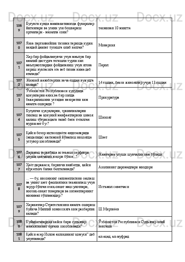106
9 Бугунги кунда мамлакатимизда фукаролар 
йигинлари ва узини узи бошкариш 
органлари - махалла сони?  тахминан 10 мингта 
107
0 Якка партиявийлик тизими тарихда курок 
кандай давлат тузишга олиб келган?  Монархия 
107
1 Хар бир фойдаланувчи учун маълум бир 
амалий дастурга тегишли турли хил 
маълумотлардан фойдаланиш учун ягона 
кириш нуктасига эга веб тизим нима деб 
аталади?  Парол 
107
2 Жиноий жавобгарлик неча ёшдан вужудга 
келади?  14 ёшдан, баъзи жиноятлар учун 13 ёшдан  
107
3 Ўзбекистон Республикаси ҳудудида 
қонунларни аниқ ва бир хилда 
бажарилишини устидан назоратни ким 
амалга оширади ?  Прокуратура 
107
4 Бузулган ҳуқуқларни, эркинликларни 
тиклаш ва қонуний манфаатларини ҳимоя 
қилиш тўғрисидаги талаб баён тэтилган  
мурожаат бу-?  Шикоят 
107
5 Қайси бозор иқтисодиёти андозаларида 
(моделида) ижтимоий йўналиш ниҳоятда 
устувор ҳисобланади?  Швет 
107
6 Даромад таркибида истеъмол сарфлари 
улуши қанчалик юқори бўлса...?  Жамғарма улуши шунчалик кам бўлади 
107
7 Ҳаёт даражаси, биринчи навбатда, қайси 
кўрсаткич билан белгиланади?  Ахолининг даромадлари миқдори 
107
8 ... — бу, инсоннинг саломатлигини сақлаш
ва унинг ҳаёт фаолиятини таъминлаш учун
зарур бўлган озиқ-овқат маҳсулотлари, 
ноозиқ-овқат товарлари ва хизматларнинг 
минимал тўпламидир.?  Истъмол саватчаси 
107
9 Харакатлар Стратегиясини амалга ошириш
буйича Миллий комиссияга ким рахбарлик
килади?  Ш.Мирзиёев 
108
0 Куйидагилардан кайси бири судьялар 
жамиятининг органи хисобланади?  Ўзбекистон Республикаси Судьялар олий 
кенгаши 
108
1 Қайси асар Ислом ахлоқининг қомуси” деб
улуғланади?  ал-аҳад, ал-муфрад  
