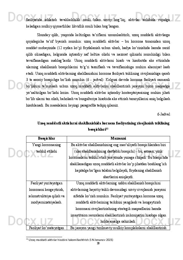 faoliyatida   ishlatish   tavakkalchilik   omili   bilan   uzviy   bog ’ liq ;   aktivlar   tarkibida   vujudga
keladigan   mulkiy   qiymatliklar   likvidlik   omili   bilan   bog ’ langan .
Shunday   qilib ,   yuqorida   keltirilgan   ta ’ riflarni   umumlashtirib ,   uzoq   muddatli   aktivlarga
quyidagicha   ta ’ rif   byerish   mumkin :   uzoq   muddatli   aktivlar   –   bu   korxona   tomonidan   uzoq
muddat   mobayinida   (12   oydan   ko‘p )   foydalanish   uchun   ulush ,   hadya   ko‘rinishida   hamda   xarid
qilib   olinadigan ,   kelgusida   iqtisodiy   naf   keltira   olishi   va   nazorat   qilinishi   mumkinligi   bilan
tavsiflanadigan   mablag ’ lardir .   Uzoq   muddatli   aktivlarni   hisob   va   hisobotda   aks   ettirishda
ularning   shakllanish   bosqichlarini   to‘g ’ ri   tasniflash   va   tavsiflanishiga   muhim   ahamiyat   kasb
etadi .  Uzoq   muddatli   aktivlarning   shakllanishini   korxona   faoliyati   tsiklining   rivojlanishiga   qarab
3   ta   asosiy   bosqichga   bo‘lish   mumkin   (6   -   jadval ):   Kelgusi   davrda   korxona   faoliyati   samarali
bo‘lishini   ta ’ minlash   uchun   uzoq   muddatli   aktivlarini   shakllantirish   jarayoni   biron   maqsadga
yo‘naltirilgan   bo‘lishi   lozim .   Uzoq   muddatli   aktivlar   iqtisodiy   kontseptsiyasining   muhim   jihati
bo‘lib   ularni   tan   olish ,  baholash   va   buxgalteriya   hisobida   aks   ettirish   tamoyillarini   aniq   belgilash
hisoblanadi . Bu masalalarni keyingi paragrafda tadqiq qilamiz.
6-Jadval
Uzoq muddatli aktivlarni shakllanishida korxona faoliyatining rivojlanish tsiklining
bosqichlari 32
Bosqichlar Mazmuni
Yangi korxonaning
tashkil etilishi Bu aktivlar shakllanishining eng mas’uliyatli bosqichlaridan biri
(ular shakllanishining dastlabki bosqichi) - bu, asosan, yirik
korxonalarni tashkil etish jarayonida yuzaga chiqadi. Bu bosqichda
shakllanadigan uzoq muddatli aktivlar ko‘p jihatdan boshlang’ich
kapitalga bo‘lgan talabni belgilaydi, foydaning shakllanish
shartlarini aniqlaydi.
Faoliyat yuritayotgan
korxonani kengaytirish,
rekonstruktsiya qilish va
modyernizatsiyalash. Uzoq muddatli aktivlarning ushbu shakllanish bosqichini
aktivlarning hayotiy tsikli davomidagi uzviy rivojlanish jarayoni
sifatida ko‘rish mumkin. Faoliyat yuritayotgan korxona uzoq
muddatli aktivlarining tarkibini yangilash va kengaytirish
korxonani rivojlantirishning strategik maqsadlarini hamda
investitsion resurslarni shakllantirish imkoniyatini hisobga olgan
holda amalga oshiriladi.
Faoliyat ko‘rsatayotgan Bu jarayon yangi tuzilmaviy mulkiy komplekslarni shakllantirish
32
  Uzoq   muddatli   aktivlar   hisobini   takomillashtirish  ( I . N . Ismanov  2021)
20 