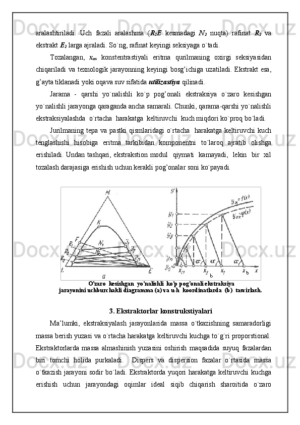   O'zaro  kesishgan  yo'nalishli  ko'p pog'onali ekstraksiya
jarayonini uchburchakli diagramma (a) va u-h  koordinatlarda  (b)  tasvirlash.aralashtiriladi.   Uch   fazali   aralashma   ( R
1 E   kesmadagi   N
2   nuqta)   rafinat   R
2   va
ekstrakt  E
2  larga ajraladi. So`ng, rafinat keyingi seksiyaga o`tadi.
Tozalangan,   x
ox   konstentrastiyali   eritma   qurilmaning   oxirgi   seksiyasidan
chiqariladi   va   texnologik   jarayonning   keyingi   bosg’ichiga   uzatiladi.   Ekstrakt   esa,
g’ayta tiklanadi yoki oqava suv sifatida  utilizastiya  qilinadi. 
Јarama   -   qarshi   yo`nalishli   ko`p   pog’onali   ekstraksiya   o`zaro   kesishgan
yo`nalishli jarayonga qaraganda ancha samarali. Chunki, qarama-qarshi yo`nalishli
ekstraksiyalashda  o`rtacha  harakatga  keltiruvchi  kuch miqdori ko`proq bo`ladi.
Јurilmaning tepa va pastki  qismlaridagi  o`rtacha   harakatga keltiruvchi  kuch
tenglashishi   hisobiga   eritma   tarkibidan   komponentni   to`laroq   ajratib   olishga
erishiladi. Undan tashqari, ekstrakstion modul   qiymati   kamayadi,   lekin   bir   xil
tozalash darajasiga erishish uchun kerakli pog’onalar soni ko`payadi.
3 . Ekstraktorlar konstrukstiyalari
Ma’lumki,   ekstraksiyalash   jarayonlarida   massa   o`tkazishning   samaradorligi
massa berish yuzasi va o`rtacha harakatga keltiruvchi kuchga to`g`ri proporstional.
Ekstraktorlarda   massa   almashinish   yuzasini   oshirish   maqsadida   suyuq   fazalardan
biri   tomchi   holida   purkaladi.     Dispers   va   dispersion   fazalar   o`rtasida   massa
o`tkazish jarayoni sodir bo`ladi. Ekstraktorda yuqori harakatga keltiruvchi kuchga
erishish   uchun   jarayondagi   oqimlar   ideal   siqib   chiqarish   sharoitida   o`zaro 