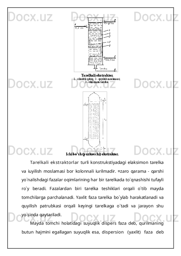   Tarelkali ekstraktor.
1 - silindrik qobiq; 2 - quyilish moslamasi;
3 - elaksimon tarelka.
Ichi bo’sh (purkovchi) ekstraktor.
Tarelk ali   ek st rak t orlar   turli   konstrukstiyadagi   elaksimon   tarelka
va   іuyilish   moslamasi   bor   kolonnali   іurilmadir.   ¤zaro   qarama   -   qarshi
yo`nalishdagi fazalar oqimlarining har bir tarelkada to`qnashishi tufayli
ro`y   beradi.   Fazalardan   biri   tarelka   teshiklari   orqali   o`tib   mayda
tomchilarga   parchalanadi.   Yaxlit   faza   tarelka   bo`ylab   harakatlanadi   va
quyilish   patrubkasi   orqali   keyingi   tarelkaga   o`tadi   va   jarayon   shu
yo`sinda qaytariladi.
Mayda   tomchi   holatidagi   suyuqlik   dispers   faza   deb,   qurilmaning
butun   hajmini   egallagan   suyuqlik   esa,   dispersion     (yaxlit)     faza     deb 