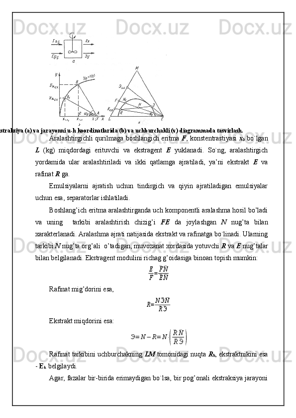 
 
Bir pog’onali ekstraksiya (a) va jarayonni u-h koordinatlarida (b) va uchburchakli (v) diagrammada tasvirlash.
Aralashtirgichli qurilmaga boshlangich eritma   F , konstentrastiyasi   x
b   bo`lgan
L   (kg)   miqdordagi   erituvchi   va   ekstragent   E   yuklanadi.   So`ng,   aralashtirgich
yordamida   ular   aralashtiriladi   va   ikki   qatlamga   ajratiladi,   ya’ni   ekstrakt   E   va
rafinat  R  ga.
Emulsiyalarni   ajratish   uchun   tindirgich   va   qiyin   ajratiladigan   emulsiyalar
uchun esa, separatorlar ishlatiladi.
Boshlang’ich eritma aralashtirganda uch komponentli aralashma hosil bo’ladi
va   uning     tarkibi   aralashtirish   chizig’i   FE   da   joylashgan   N   nug’ta   bilan
xarakterlanadi. Aralashma ajrati natijasida ekstrakt va rafinatga bo`linadi. Ularning
tarkibi  N  nug’ta org’ali  o’tadigan, muvozanat xordasida yotuvchi  R  va  E  nug’talar
bilan belgilanadi. Ekstragent modulini richag g’oidasiga binoan topish mumkin:Е
F=	¯F	¯N
¯E	¯N
Rafinat mig’dorini esa, 	
R=	N	¯Э	¯N	
¯R¯Э
Ekstrakt miqdorini esa:	
Э=	N	−	R=	N⋅(
¯R	¯N
¯R	¯Э	)
Rafinat tarkibini uchburchakning  LM  tomonidagi nuqta  R
k , ekstraktnikini esa
-  E
k  belgilaydi.
Agar, fazalar bir-birida erimaydigan bo`lsa, bir pog’onali ekstraksiya jarayoni 