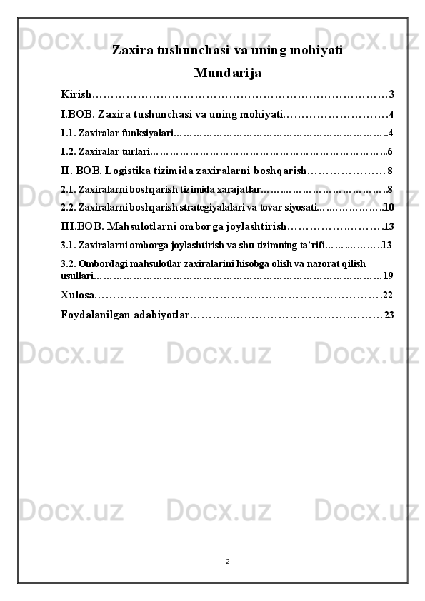 Zaxira tushunchasi va uning mohiyati
Mundarija
Kirish……………………………………………………………………3
I.BOB. Zaxira tushunchasi va uning mohiyati………………………. 4
1.1. Zaxiralar funksiyalari………………………………………………………..4
1.2. Zaxiralar turlari……………………………………………………………...6
II. BOB. Logistika tizimida zaxiralarni boshqarish………………… 8
2.1. Zaxiralarni boshqarish tizimida xarajatlar…….…………………………..8
2.2. Zaxiralarni boshqarish strategiyalalari va tovar siyosati….……………..10
III.BOB. Mahsulotlarni omborga joylashtirish…………….………. 13
3.1. Zaxiralarni omborga joylashtirish va shu tizimning ta’rifi…….………..13
3.2. Ombordagi mahsulotlar zaxiralarini hisobga olish va nazorat qilish 
usullari……………………………………………………………………………19
Xulosa…………………………………………………………………. 22
Foydalanilgan adabiyotlar………...………………………….……… 23
2 