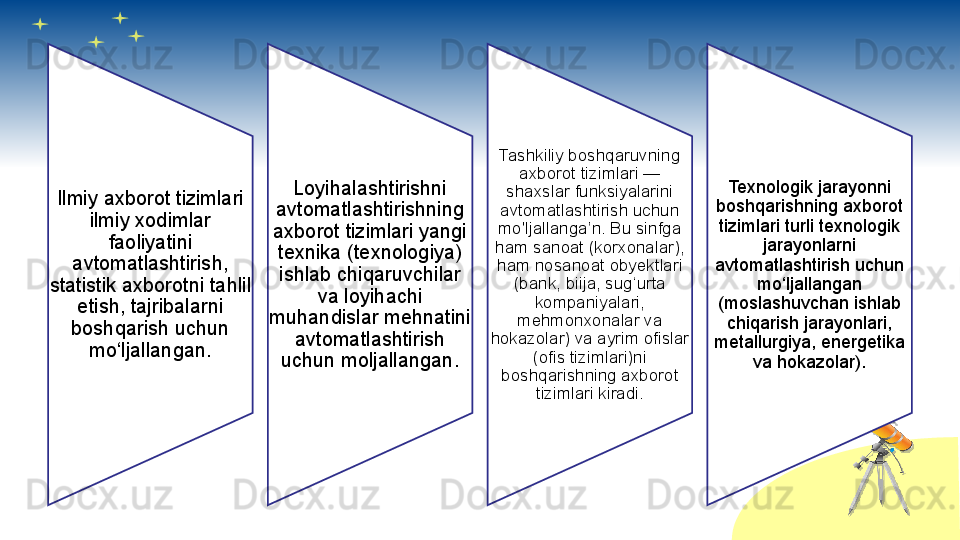 Ilmiy axborot tizimlari 
ilmiy xodimlar 
faoliyatini 
avtomatlashtirish, 
statistik axborotni tahlil 
etish, tajribalarni 
boshqarish uchun 
mo‘ljallangan. Loyihalashtirishni 
avtomatlashtirishning 
axborot tizimlari yangi 
texnika (texnologiya) 
ishlab chiqaruvchilar 
va loyihachi 
muhandislar mehnatini 
avtomatlashtirish 
uchun moljallangan. Tashkiliy boshqaruvning 
axborot tizimlari — 
shaxslar funksiyalarini 
avtomatlashtirish uchun 
mo'ljallanga’n. Bu sinfga 
ham sanoat (korxonalar), 
ham nosanoat obyektlari 
(bank, biija, sug‘urta 
kompaniyalari, 
mehmonxonalar va 
hokazolar) va ayrim ofislar 
(ofis tizimlari)ni 
boshqarishning axborot 
tizimlari kiradi. Texnologik jarayonni 
boshqarishning axborot 
tizimlari turli texnologik 
jarayonlarni 
avtomatlashtirish uchun 
mo‘ljallangan 
(moslashuvchan ishlab 
chiqarish jarayonlari, 
metallurgiya, energetika 
va hokazolar).       