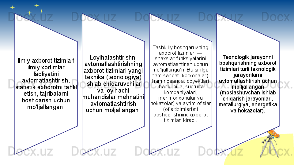 Ilmiy axborot tizimlari 
ilmiy xodimlar 
faoliyatini 
avtomatlashtirish, 
statistik axborotni tahlil 
etish, tajribalarni 
boshqarish uchun 
mo‘ljallangan. Loyihalashtirishni 
avtomatlashtirishning 
axborot tizimlari yangi 
texnika (texnologiya) 
ishlab chiqaruvchilar 
va loyihachi 
muhandislar mehnatini 
avtomatlashtirish 
uchun moljallangan. Tashkiliy boshqaruvning 
axborot tizimlari — 
shaxslar funksiyalarini 
avtomatlashtirish uchun 
mo'ljallanga’n. Bu sinfga 
ham sanoat (korxonalar), 
ham nosanoat obyektlari 
(bank, biija, sug‘urta 
kompaniyalari, 
mehmonxonalar va 
hokazolar) va ayrim ofislar 
(ofis tizimlari)ni 
boshqarishning axborot 
tizimlari kiradi. Texnologik jarayonni 
boshqarishning axborot 
tizimlari turli texnologik 
jarayonlarni 
avtomatlashtirish uchun 
mo‘ljallangan 
(moslashuvchan ishlab 
chiqarish jarayonlari, 
metallurgiya, energetika 
va hokazolar).