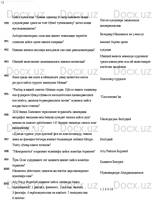 Қайси ҳужжатда   “Ҳамма   одамлар   ўз қадр-қиммати   ҳамда
990 ҳуқуқларида   эркин   ва   тенг   бўлиб   туғиладилар”   деган   қоида
мустаҳкамланган?
Ахборотлаштириш   соҳасини   давлат   томонидан   тартибга Инсон   ҳуқуқлари   умумжаҳон 
декларациясида
Вазирлар   Маҳкамаси ва   у   махсус
991
солишни   қайси   орган   амалга   оширади? ваколат   берган   орган
992
Нимани   англаш   инсонда   масъулият   ҳиссини   ривожлантиради? ҳуқуқни
Миллий   валюта   алмашув   курсининг
993 Миллий   валютанинг   девальвацияси   нимани   англатади? эркин   алмашувчи   асосий   валюталарга 
нисбатан пасайиши
994
995
996 Яқин   орада   яна   ишга   жойлашишга   умид   қилаётган   инсон 
ресурси қайси гуруҳга тааллуқли бўлади?
“Раҳбар   жиддий,   камгап   бўлиши   керак.   Қўл   остидаги   ходимлар
ёки фуқарога бўлар-бўлмасга насиҳатбозлик қилавермаслиги 
ёки танбеҳ, дашном беравермаслиги лозим” жумласи қайси 
асарда баён этилган?
2020 йилда Халкимиз тарихининг мураккабъ дамларида 
маърифат машъаласини баланд кутариб чиккан кайси улуг' 
аллома   ва   жамоат   арбобининг   145   йиллик   таваллуд   санаси   кенг
нишонланди….?
«Дунёда   турмоқ   учун   дунёвий   фан   ва   илм   лозимдур,   замона Ишсизлар   гуруҳига
“Сиёсатнома”да
Махмудхужа   Беҳбудий
997 илми   ва   фанидан   бебаҳра   миллат   бошқаларга   поймол  бўлур».
Ушбу   сўзлар   кимга  тегишли? Беҳбудий
998
"Минерология"   асарининг   муаллифи   қайси   жавобда   берилган? Aбу   Райҳон   Беруний
999
1000
1001 Ўрта   Осиё   ҳудудидаги энг   қадимги   давлат   қайси   жавобда
берилган?
Миллатни   уйғотишга   ундовчи   дастлабки   дарсликларнинг
муаллифи ким?
Абу Наср Форобий илмнинг қайси соҳалари билан 
шуғулланган? 1.риёзиёт, фалакиёт,   2.мусиқа, мантиқ 
3.фалсафа,   4.тарбияшунослик   ва   адабиёт   5.тилшунослик 
6.табобат Қадимги  Бақтрия
Мунавварқори   Абдурашидхонов
1.2.3.4.5.6. 