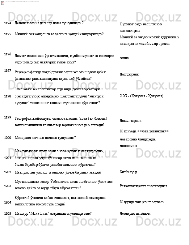 1194 Демонетизация   деганда   нима  тушунилади.?
1195 Миллий   ғоя   халқ   онги   ва   қалбига   қандай  сингдирилади? Пулнинг   баҳо   масштабини 
алмаштириш
Миллий   ва   умуминсоний   қадриятлар, 
демократик тамойиллар орқали
1196
1197 Давлат   томонидан   ўрнатиладиган,   муайян   муддат   ва   миқдорда
ундириладиган мажбурий тўлов нима?
Раҳбар   сифатида   лоқайдликни   бартараф   этиш   учун   қайси 
фазилатни ривожлантириш керак, деб ўйлайсиз? солиқ
Дахлдорлик
Замонавий   технологиялар   ёрдамида   давлат   органлари
1198 орасидаги ўзоро алоқаларни шакллантирувчи "электрон G2G   -   (Ҳукумат   -   Ҳукумат)
ҳукумат" тизимининг ташкил этувчисини кўрсатинг.?
1199
Географик   жойлашуви   чекланган   ҳолда   (хона   ёки   бинида)
ташкил қилинган компъютер тармоғи нима деб аталади? Локал  тармоқ
Юнончада   <<якка  ҳокимлик>>
1200 Монархия   деганда   нимани  тушунасиз?
Маҳсулотнинг   ягона   ишлаб   чиқарувчиси   мавжуд   бўлиб,
1 201 бозорга   кириш   учун   тўсиқлар   катта   яъни   тақиқлаш  
билан 
баробар бўлган рақобат шаклини кўрсатинг? маъносини   билдиради.
монополия
1202
Маълумотни   узатиш   тезлигини   ўлчов   бирлиги   қандай? Бит/секунд
1203
1204 Мустақилликка   қадар   Ўзбекистон   иқтисодиётининг   ўзига   хос
томони қайси қаторда тўғри кўрсатилган?
Кўрсатиб   ўтилган   қайси   ташкилот,   иқтисодий   ҳамкорлик 
ташкилотига мисол бўла олади? Режалаштирилган   иқтисодиёт
Юқоридагиларнинг   барчаси
1205
Машҳур   "Мона   Лиза"   асарининг   муаллифи   ким? Леонардо   да  Винчи 