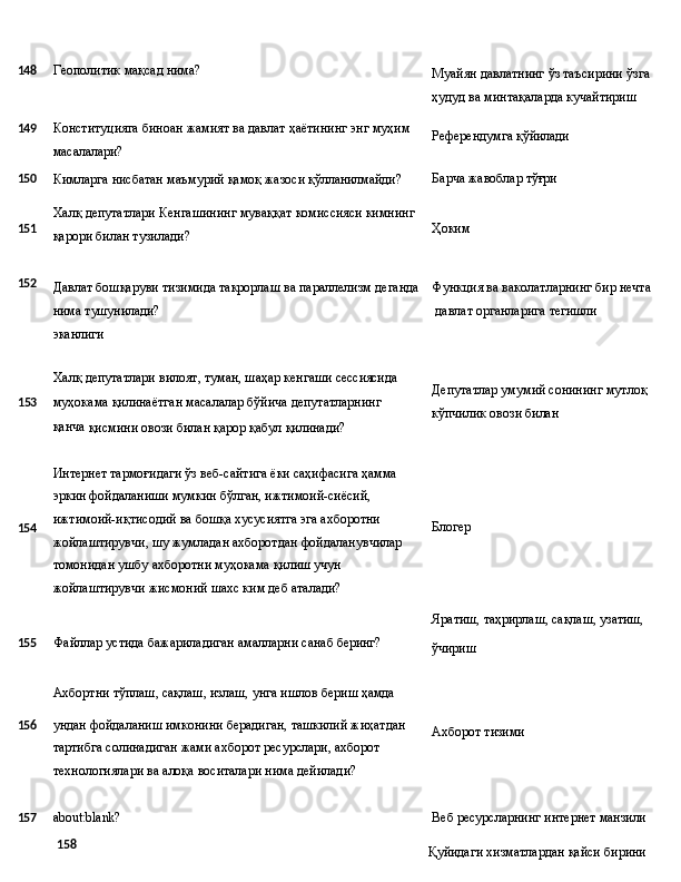 148 Геополитик   мақсад  нима?
Муайян   давлатнинг   ўз   таъсирини   ўзга 
ҳудуд ва минтақаларда кучайтириш
149
Конституцияга   биноан   жамият   ва   давлат   ҳаётининг   энг   муҳим
масалалари? Референдумга   қўйилади
150
Кимларга   нисбатан   маъмурий   қамоқ   жазоси  қўлланилмайди? Барча   жавоблар  тўғри
151 Халқ   депутатлари   Кенгашининг   муваққат   комиссияси   кимнинг
қарори билан тузилади? Ҳоким
152
Давлат бошқаруви тизимида такрорлаш ва параллелизм деганда Функция   ва   ваколатларнинг   бир   нечта
нима   тушунилади?   давлат   органларига   тегишли  
эканлиги
Халқ   депутатлари   вилоят,   туман,   шаҳар   кенгаши   сессиясида
1 53 муҳокама   қилинаётган   масалалар   бўйича   депутатларнинг  
қанча 
қисмини овози билан қарор қабул қилинади? Депутатлар   умумий   сонининг   мутлоқ
кўпчилик овози билан
154 Интернет тармоғидаги ўз веб-сайтига ёки саҳифасига ҳамма 
эркин фойдаланиши мумкин бўлган, ижтимоий-сиёсий, 
ижтимоий-иқтисодий ва бошқа хусусиятга эга ахборотни 
жойлаштирувчи,   шу   жумладан   ахборотдан   фойдаланувчилар
томонидан ушбу ахборотни муҳокама қилиш учун 
жойлаштирувчи жисмоний шахс ким деб аталади? Блогер
Яратиш,   таҳрирлаш,   сақлаш,   узатиш,
155 Файллар   устида   бажариладиган   амалларни   санаб   беринг?
Ахбортни   тўплаш,   сақлаш,   излаш,   унга   ишлов   бериш  ҳамда ўчириш
156 ундан   фойдаланиш   имконини   берадиган,   ташкилий   жиҳатдан
тартибга солинадиган жами ахборот ресурслари, ахборот 
технологиялари ва алоқа воситалари нима дейилади? Ахборот   тизими
157
about:blank? Веб   ресурсларнинг   интернет   манзили
158
Қуйидаги   хизматлардан   қайси   бирини    