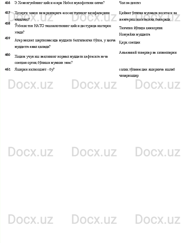 456
Э.Хеменгуейнинг   қайси   асари   Нобел   мукофотини   олган? Чол   ва   денгиз
457
458
459
460 Ҳозирги   замон   назарияларига   асосан   пулнинг   вазифаларини 
аниқланг?
Ўзбекистон   НАТО   ташкилотининг   қайси   дастурида   иштирок 
этади?
Агар   меҳнат   шартномасида   муддати   белгиланган   бўлса, у   қанча
муддатга амал қилади?
Ходим   учун   иш   вақтининг   нормал   муддати   ҳафтасига   неча 
соатдан ортиқ бўлиши мумкин эмас? Қиймат   ўлчови   муомала   воситаси   ва 
жамғариш воситасини бажаради
Тинчлик   йўлида   ҳамкорлик 
Номуайян муддатга
Қирқ   соатдан
Анъанавий   товарлар   ва   хизматларни
461 Яширин   иқтисодиёт   -  бу? солиқ   тўламасдан   яширинча   ишлаб 
чиқаришдир 