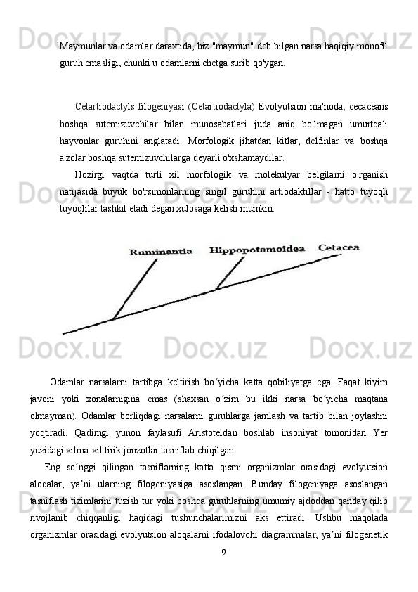 Maymunlar va odamlar daraxtida, biz "maymun" deb bilgan narsa haqiqiy monofil
guruh emasligi, chunki u odamlarni chetga surib qo'ygan.
Cetartiodactyls   filogeniyasi   (Cetartiodactyla)   Evolyutsion   ma'noda,   cecaceans
boshqa   sutemizuvchilar   bilan   munosabatlari   juda   aniq   bo'lmagan   umurtqali
hayvonlar   guruhini   anglatadi.   Morfologik   jihatdan   kitlar,   delfinlar   va   boshqa
a'zolar boshqa sutemizuvchilarga deyarli o'xshamaydilar.
Hozirgi   vaqtda   turli   xil   morfologik   va   molekulyar   belgilarni   o'rganish
natijasida   buyuk   bo'rsimonlarning   singil   guruhini   artiodaktillar   -   hatto   tuyoqli
tuyoqlilar tashkil etadi degan xulosaga kelish mumkin.
  Odamlar   narsalarni   tartibga   keltirish   bo yicha   katta   qobiliyatga   ega.   Faqat   kiyimʻ
javoni   yoki   xonalarnigina   emas   (shaxsan   o zim   bu   ikki   narsa   bo yicha   maqtana
ʻ ʻ
olmayman).   Odamlar   borliqdagi   narsalarni   guruhlarga   jamlash   va   tartib   bilan   joylashni
yoqtiradi.   Qadimgi   yunon   faylasufi   Aristoteldan   boshlab   insoniyat   tomonidan   Yer
yuzidagi xilma-xil tirik jonzotlar tasniflab chiqilgan.
Eng   so nggi   qilingan   tasniflarning   katta   qismi   organizmlar   orasidagi   evolyutsion	
ʻ
aloqalar,   ya ni   ularning   filogeniyasiga   asoslangan.   Bunday   filogeniyaga   asoslangan
ʼ
tasniflash tizimlarini tuzish tur yoki boshqa guruhlarning umumiy ajdoddan qanday qilib
rivojlanib   chiqqanligi   haqidagi   tushunchalarimizni   aks   ettiradi.   Ushbu   maqolada
organizmlar   orasidagi   evolyutsion   aloqalarni   ifodalovchi   diagrammalar,   ya ni   filogenetik	
ʼ
9 