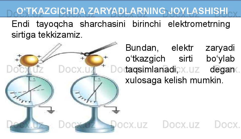   O‘TKAZGICHDA ZARYADLARNING JOYLASHISHI
Endi  tayoqcha  sharchasini  birinchi  elektrometrning 
sirtiga tekkizamiz.
Bundan,  elektr  zaryadi 
o‘tkazgich  sirti  bo‘ylab 
taqsimlanadi,  degan 
xulosaga kelish mumkin. 