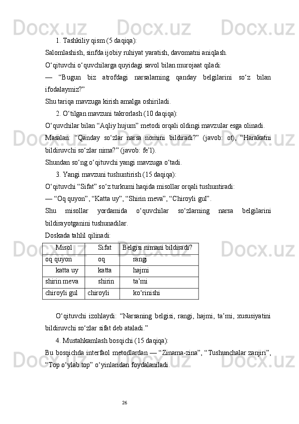 261. Tashkiliy qism (5 daqiqa):
Salomlashish, sinfda ijobiy ruhiyat yaratish, davomatni aniqlash.
O‘qituvchi o‘quvchilarga quyidagi savol bilan murojaat qiladi:
—   “Bugun   biz   atrofdagi   narsalarning   qanday   belgilarini   so‘z   bilan
ifodalaymiz?”
Shu tariqa mavzuga kirish amalga oshiriladi.
2. O‘tilgan mavzuni takrorlash (10 daqiqa):
O‘quvchilar bilan “Aqliy hujum” metodi orqali oldingi mavzular esga olinadi.
Masalan:   “Qanday   so‘zlar   narsa   nomini   bildiradi?”   (javob:   ot),   “Harakatni
bildiruvchi so‘zlar nima?” (javob: fe’l).
Shundan so‘ng o‘qituvchi yangi mavzuga o‘tadi.
3. Yangi mavzuni tushuntirish (15 daqiqa):
O‘qituvchi “Sifat” so‘z turkumi haqida misollar orqali tushuntiradi:
— “Oq quyon”, “Katta uy”, “Shirin meva”, “Chiroyli gul”.
Shu   misollar   yordamida   o‘quvchilar   so‘zlarning   narsa   belgilarini
bildirayotganini tushunadilar.
Doskada tahlil qilinadi:
Misol Sifat Belgisi nimani bildiradi?
oq quyon oq rangi
katta uy katta hajmi
shirin meva shirin ta’mi
chiroyli gul chiroyli ko‘rinishi
O‘qituvchi   izohlaydi:   “Narsaning   belgisi,   rangi,   hajmi,   ta’mi,   xususiyatini
bildiruvchi so‘zlar sifat deb ataladi.”
4. Mustahkamlash bosqichi (15 daqiqa):
Bu bosqichda interfaol metodlardan — “Zinama-zina”, “Tushunchalar zanjiri”,
“Top o‘ylab top” o‘yinlaridan foydalaniladi. 