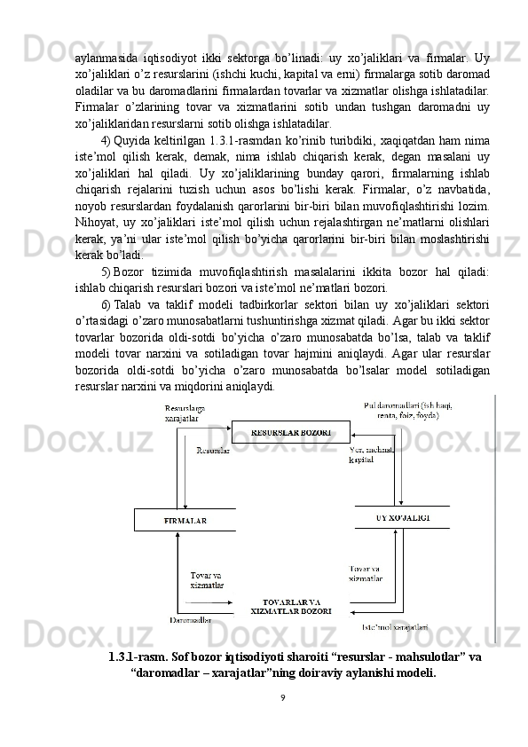 aylanmasida   iqtisodiyot   ikki   sektorga   bo’linadi:   uy   xo’jaliklari   va   firmalar.   Uy
xo’jaliklari o’z resurslarini (ishchi kuchi, kapital va erni) firmalarga sotib daromad
oladilar va bu daromadlarini firmalardan tovarlar va xizmatlar olishga ishlatadilar.
Firmalar   o’zlarining   tovar   va   xizmatlarini   sotib   undan   tushgan   daromadni   uy
xo’jaliklaridan resurslarni sotib olishga   ishlatadilar.
4) Quyida   keltirilgan   1.3.1-rasmdan   ko’rinib   turibdiki,   xaqiqatdan   ham   nima
iste’mol   qilish   kerak,   demak,   nima   ishlab   chiqarish   kerak,   degan   masalani   uy
xo’jaliklari   hal   qiladi.   Uy   xo’jaliklarining   bunday   qarori,   firmalarning   ishlab
chiqarish   rejalarini   tuzish   uchun   asos   bo’lishi   kerak.   Firmalar,   o’z   navbatida,
noyob resurslardan foydalanish qarorlarini bir-biri bilan muvofiqlashtirishi  lozim.
Nihoyat,   uy   xo’jaliklari   iste’mol   qilish   uchun   rejalashtirgan   ne’matlarni   olishlari
kerak,   ya’ni   ular   iste’mol   qilish   bo’yicha   qarorlarini   bir-biri   bilan   moslashtirishi
kerak bo’ladi.
5) Bozor   tizimida   muvofiqlashtirish   masalalarini   ikkita   bozor   hal   qiladi:
ishlab chiqarish resurslari bozori va iste’mol ne’matlari bozori.
6) Talab   va   taklif   modeli   tadbirkorlar   sektori   bilan   uy   xo’jaliklari   sektori
o’rtasidagi o’zaro munosabatlarni tushuntirishga xizmat qiladi. Agar bu ikki sektor
tovarlar   bozorida   oldi-sotdi   bo’yicha   o’zaro   munosabatda   bo’lsa,   talab   va   taklif
modeli   tovar   narxini   va   sotiladigan   tovar   hajmini   aniqlaydi.   Agar   ular   resurslar
bozorida   oldi-sotdi   bo’yicha   o’zaro   munosabatda   bo’lsalar   model   sotiladigan
resurslar narxini va miqdorini aniqlaydi.
1.3.1-rasm. Sof bozor iqtisodiyoti sharoiti “resurslar - mahsulotlar” va
“daromadlar – xarajatlar”ning doiraviy aylanishi   modeli.
9 